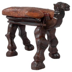 Vintage 20th Century African Wooden Camel Stool with Leather Seat
