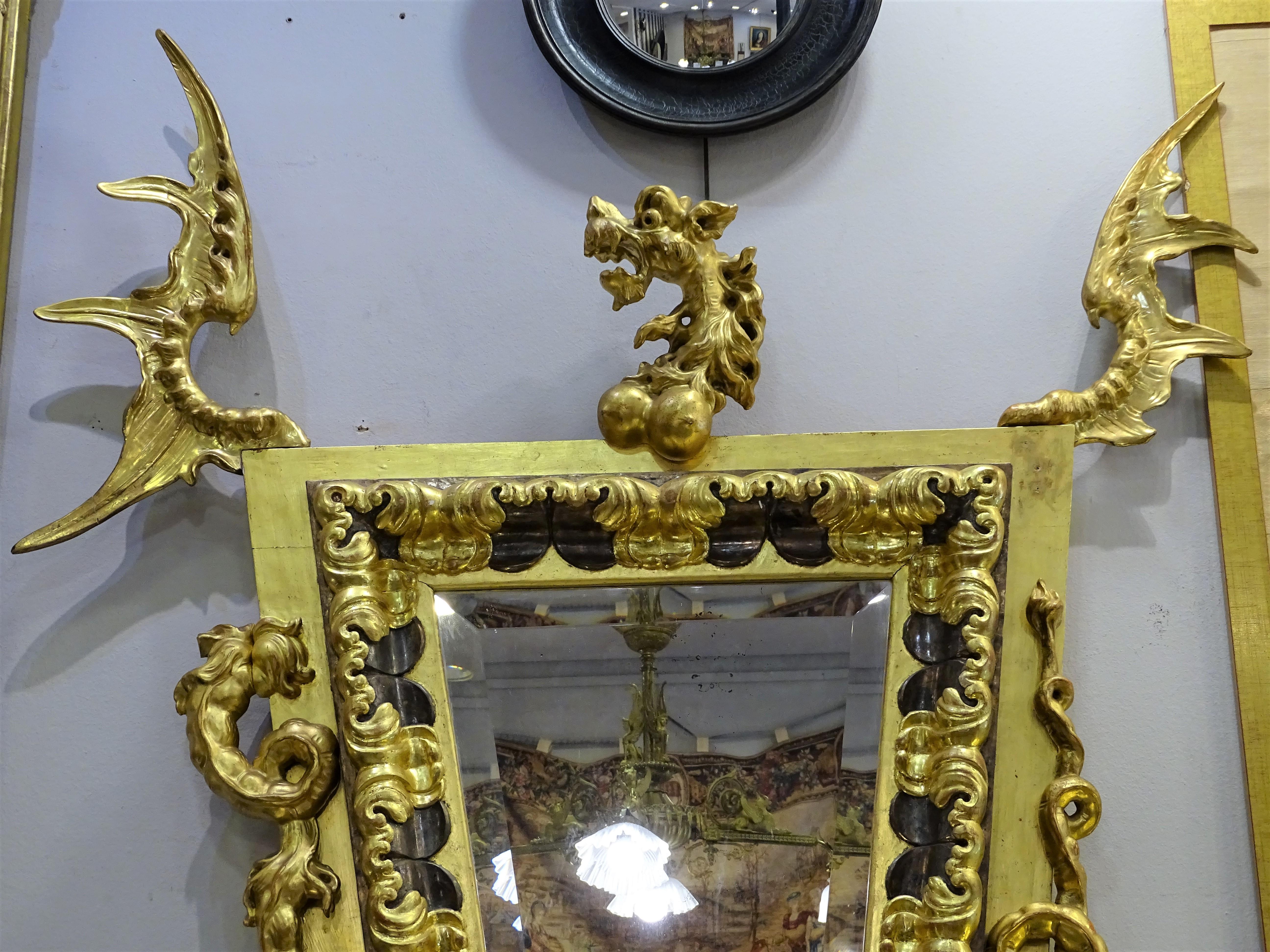 French 20th Century After Gabriel Viardot Dragon Mirror, Gilded Wood Art Nouveau