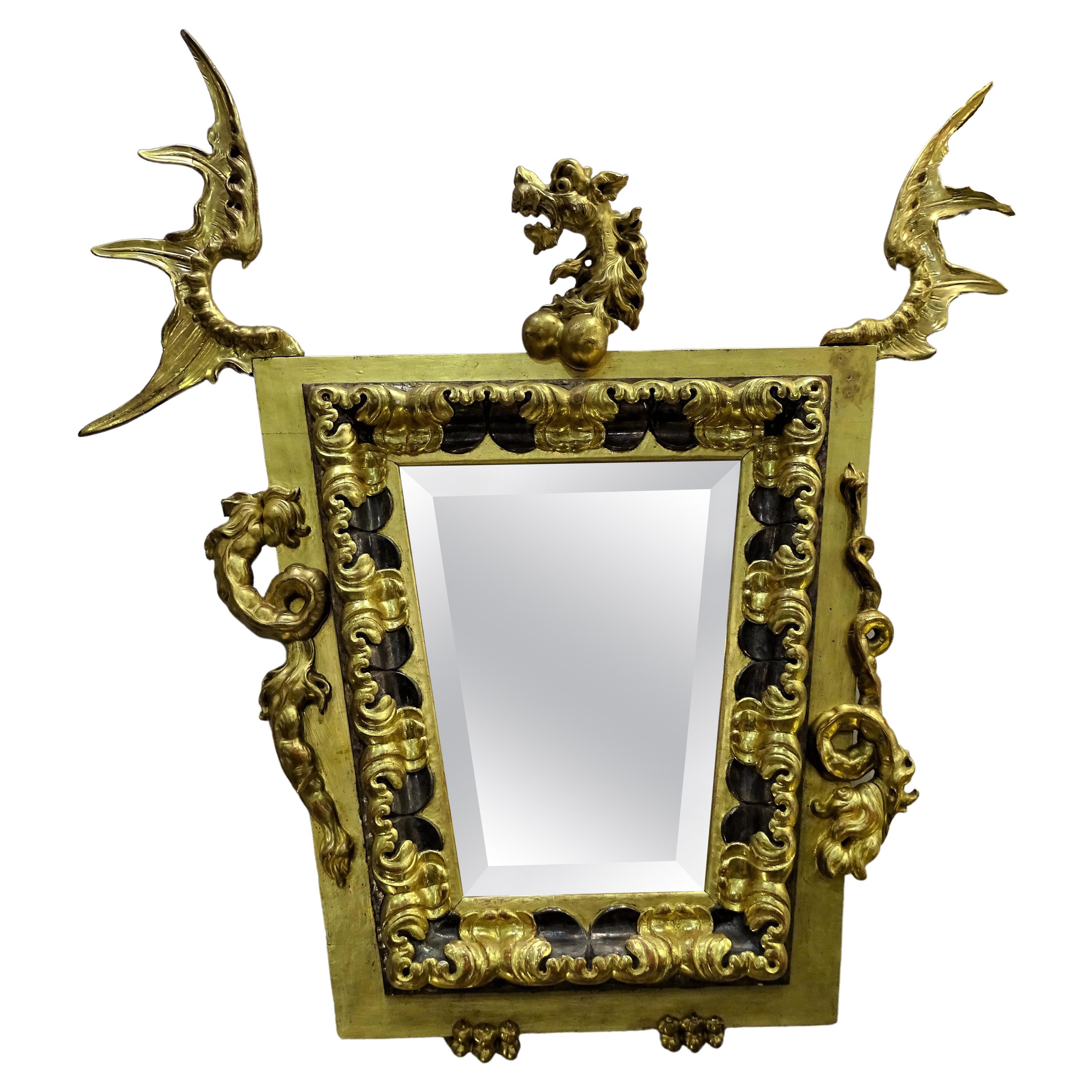 Miroir dragon d'après Gabriel Viardot, bois doré Art Nouveau du 20ème siècle