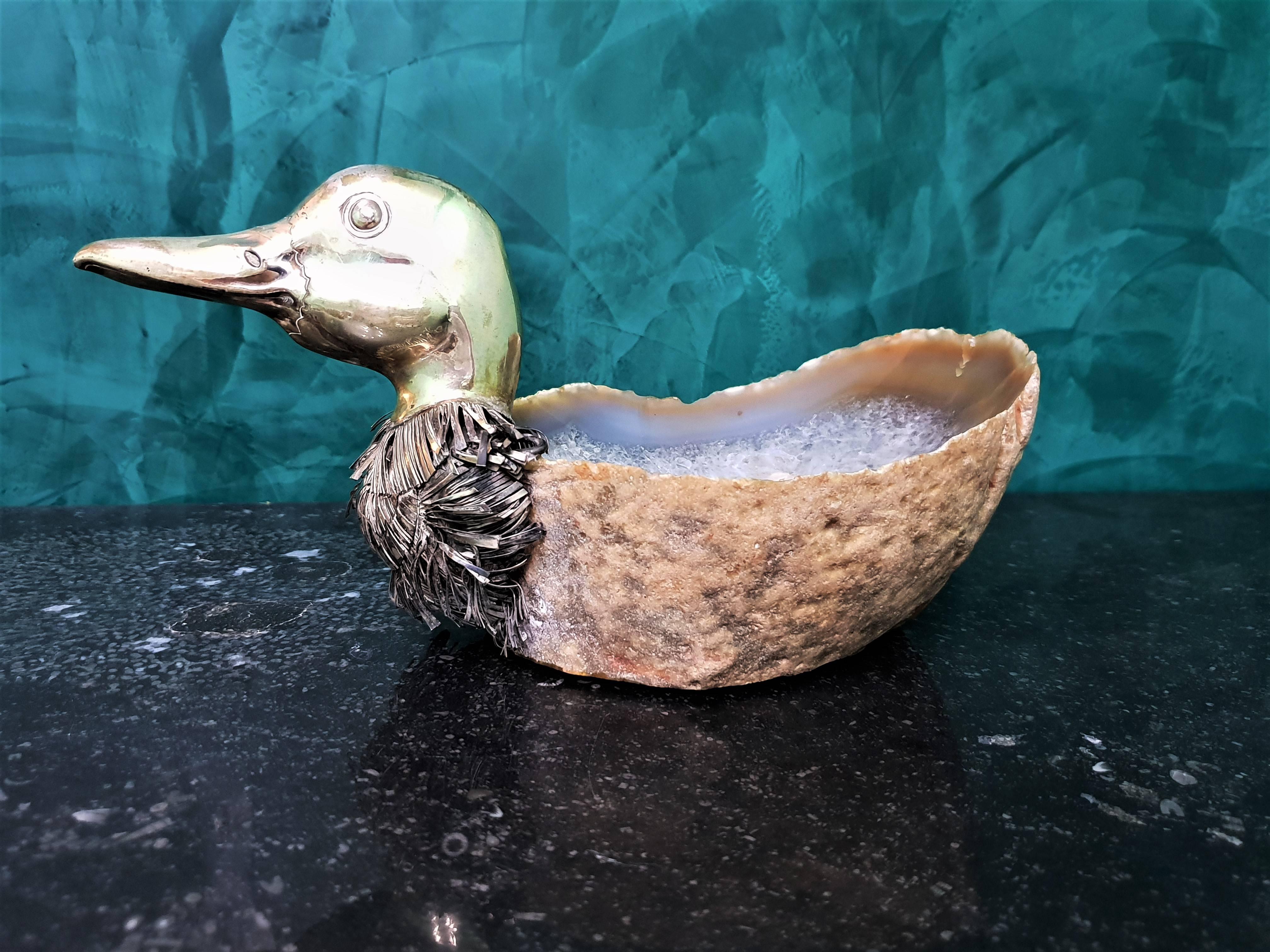 20th Century Alabaster and Silver Italian Duck Basket, 1950s For Sale 6