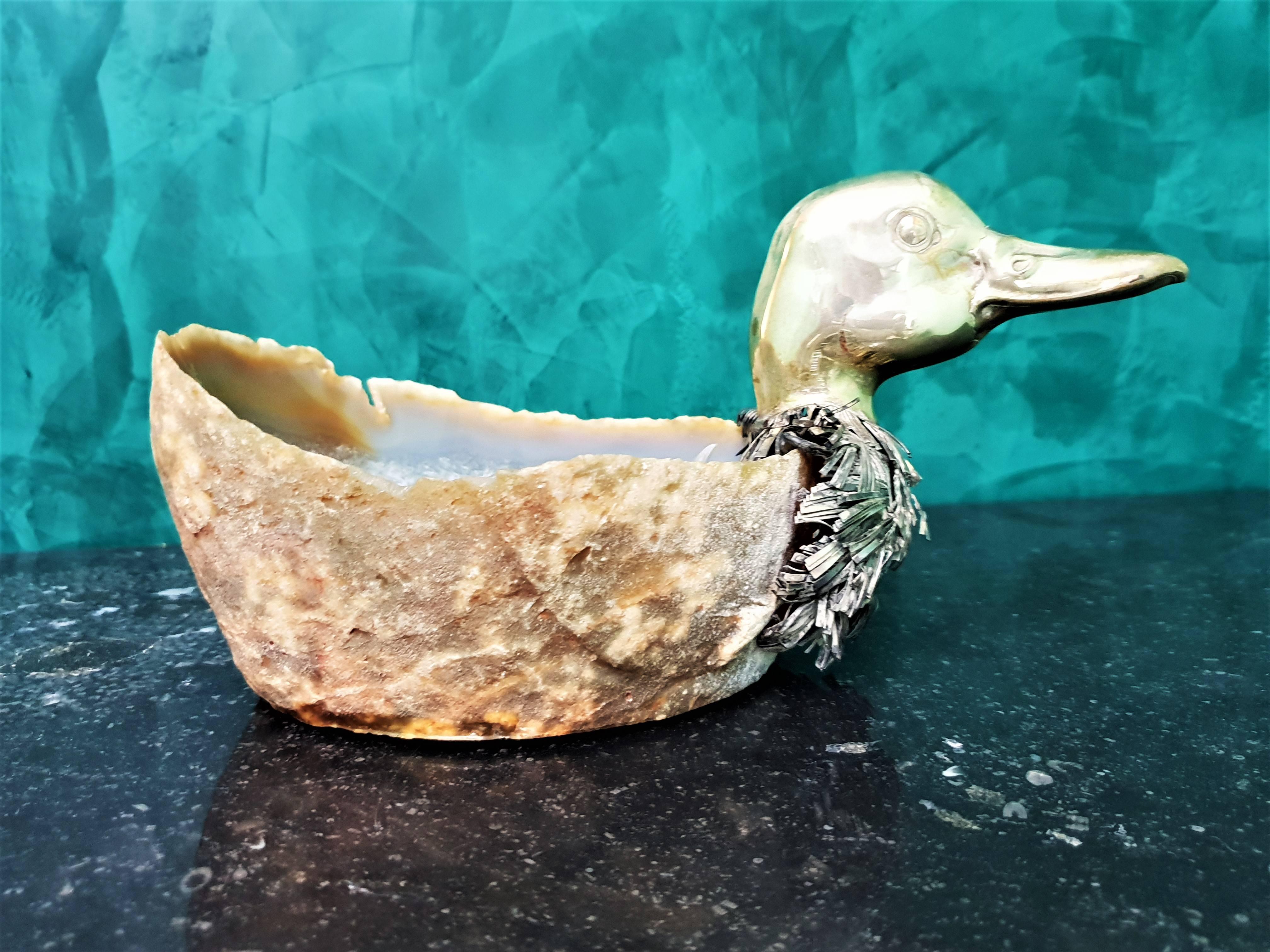 20th Century Alabaster and Silver Italian Duck Basket, 1950s In Good Condition For Sale In Florence, IT