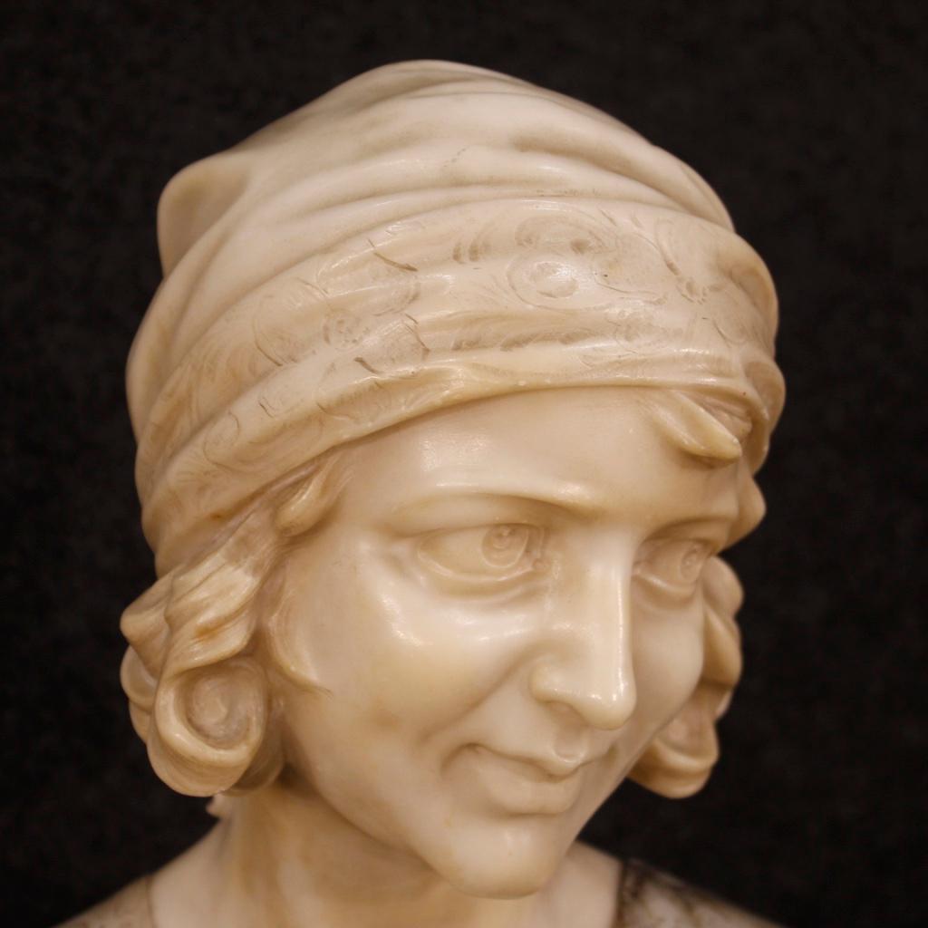 French sculpture from the first half of the 20th century. Carved work in two-colored alabaster composed of three elements: base, dress and face of a girl. Beautiful sculpture of pleasant decor, for antique dealers and collectors. Object signed on
