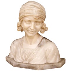 20th Century Alabaster French Signed Young Girl Bust Sculpture, 1920