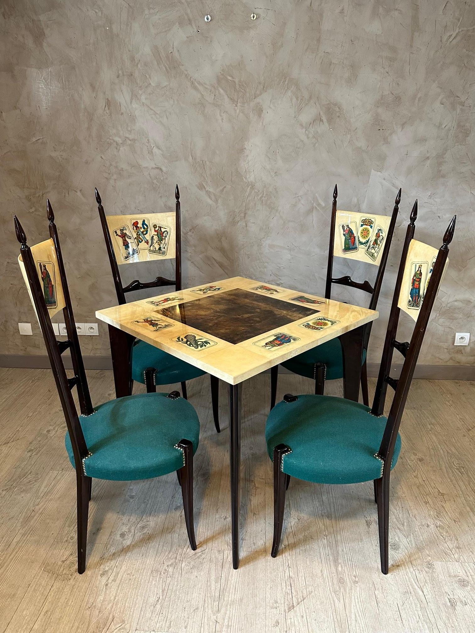 Italian 20th century Aldo Tura Lacquered Goatskin and Walnut Table With Chairs, 1960s For Sale