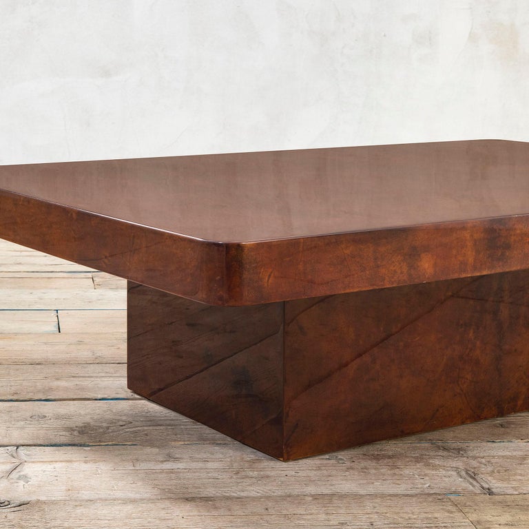 Italian 20th Century Aldo Tura Low Coffee Table in Wood and Parchment, 1970s For Sale