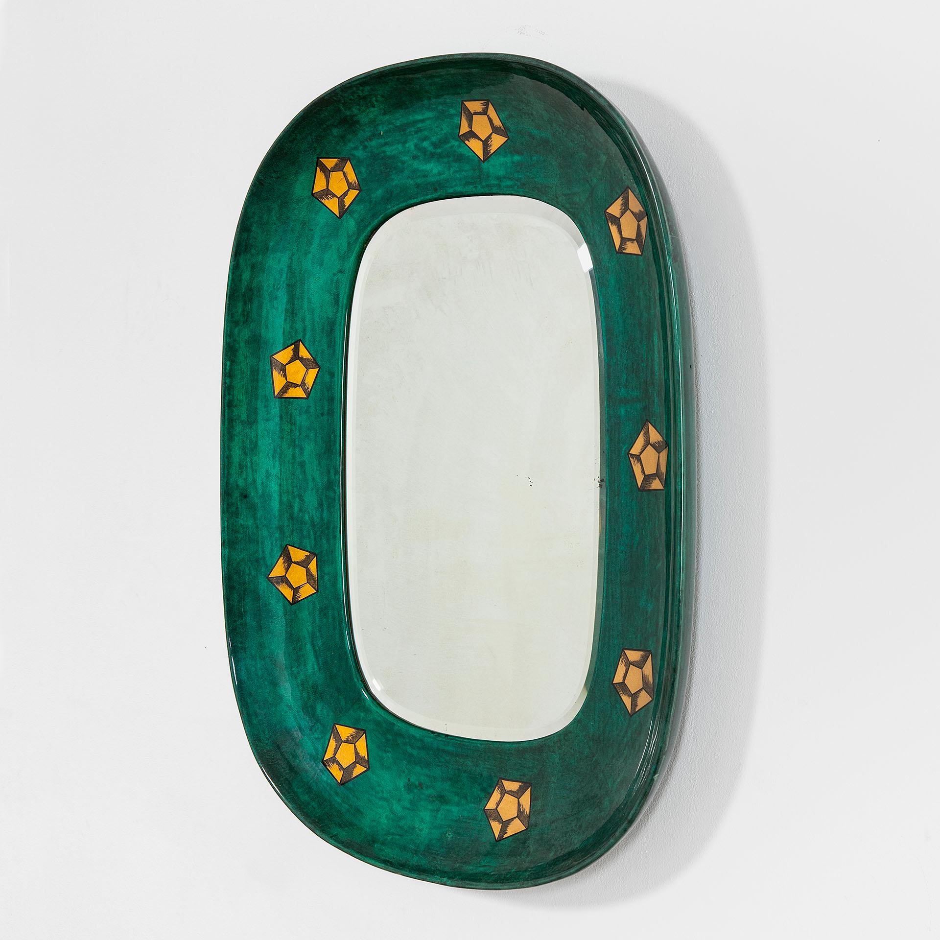 Mid-Century Modern 20th Century Aldo Tura Wall Mirror with Resin Coat, Wood and Paper Motifs, 1950s For Sale