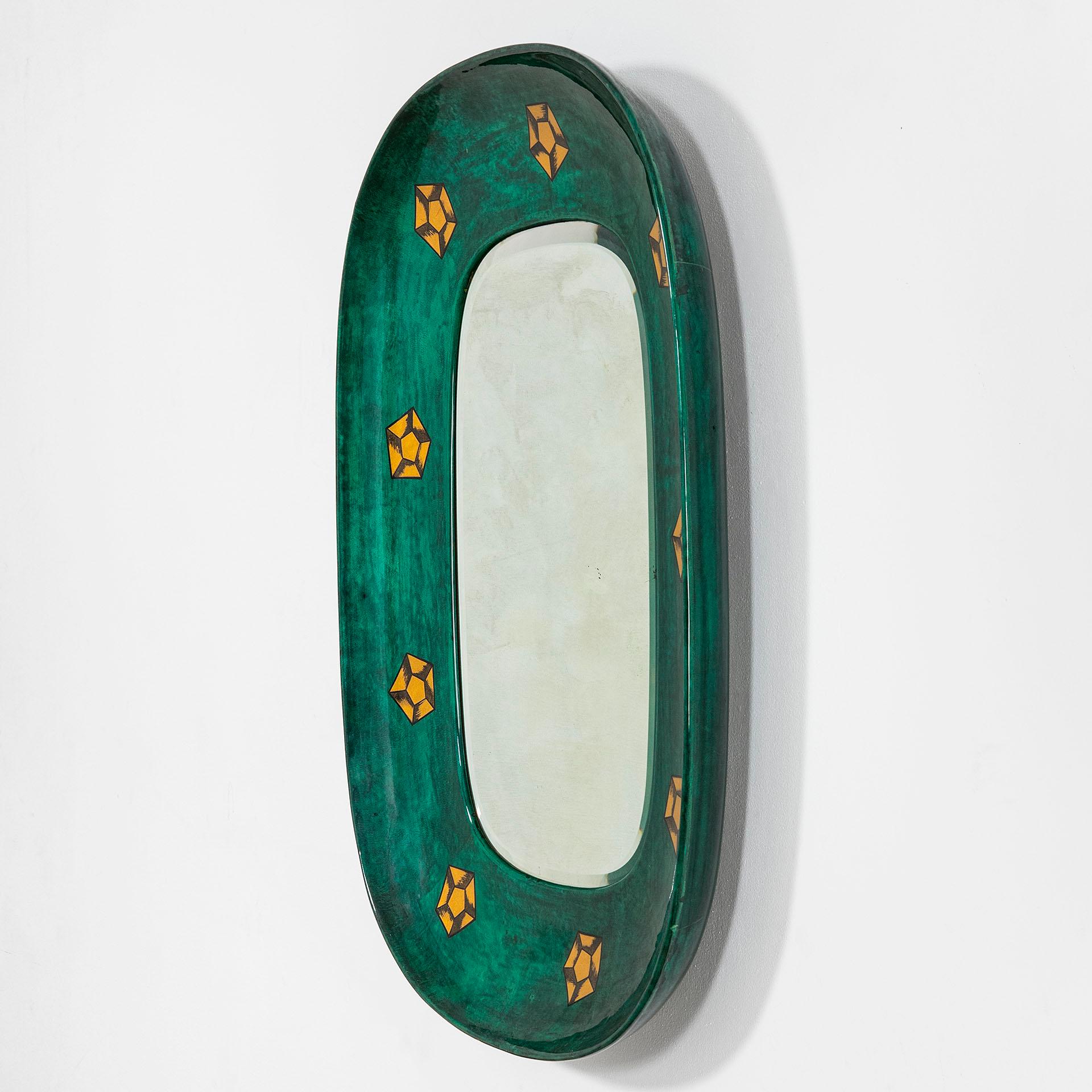 Italian 20th Century Aldo Tura Wall Mirror with Resin Coat, Wood and Paper Motifs, 1950s For Sale