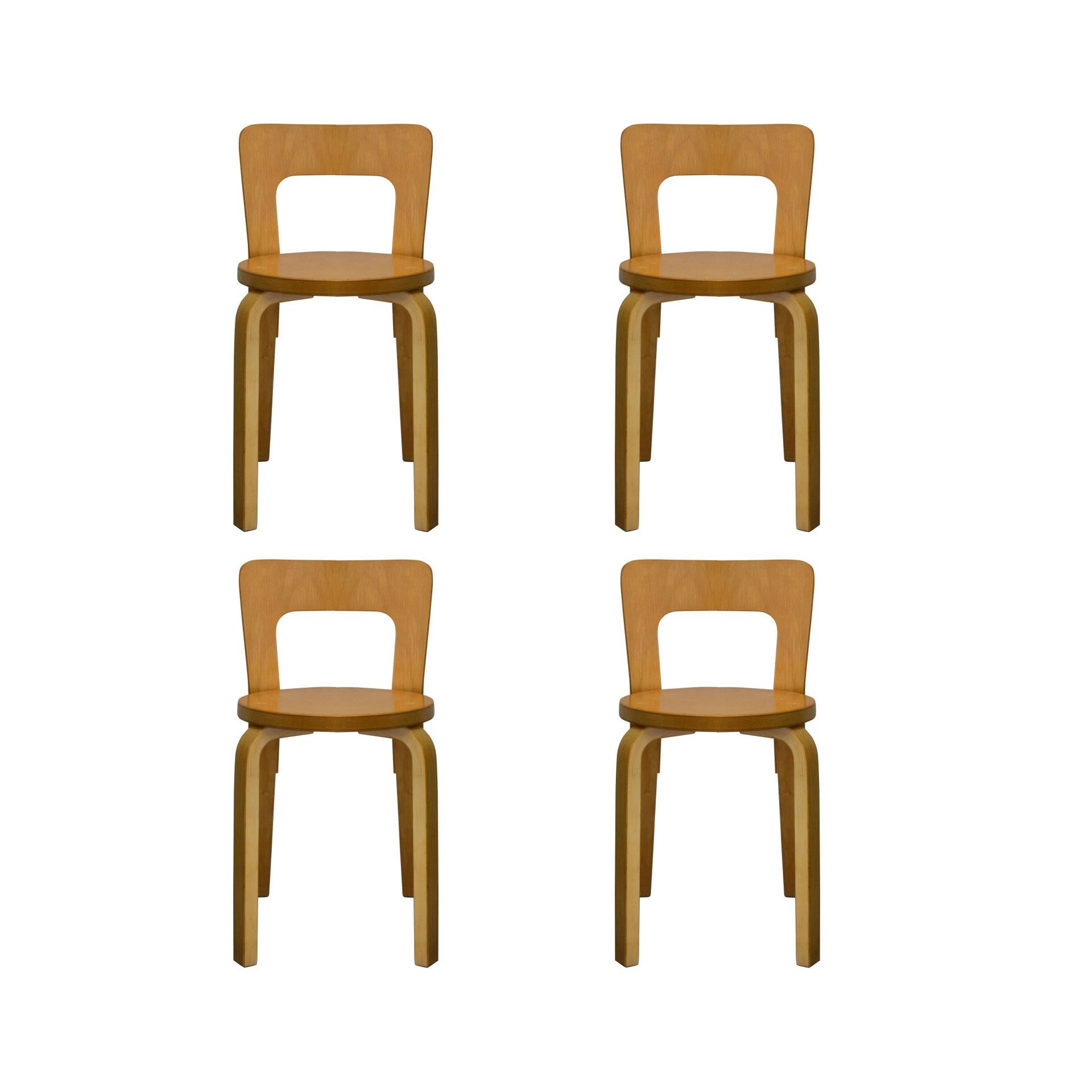 Mid-Century Modern 20th Century Alvar Aalto Set of 4 Chairs Model 65 for Artek in Birch Wood