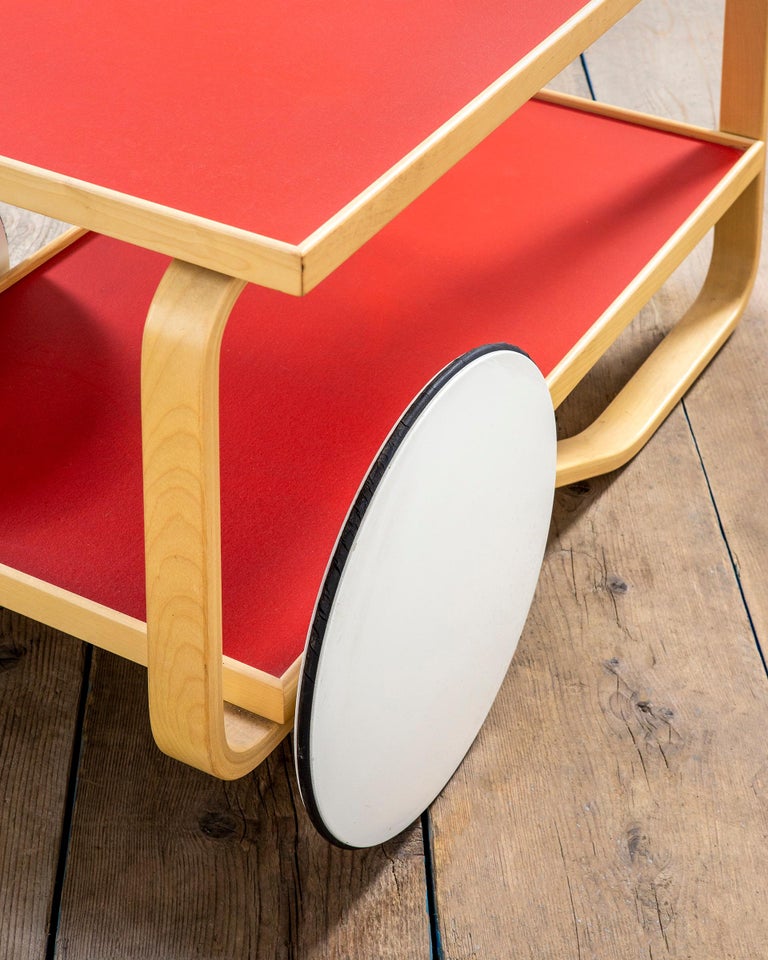 Italian 20th Century Alvar Aalto Tea Trolley model 901 for Artek in Birch Wood and Red  For Sale