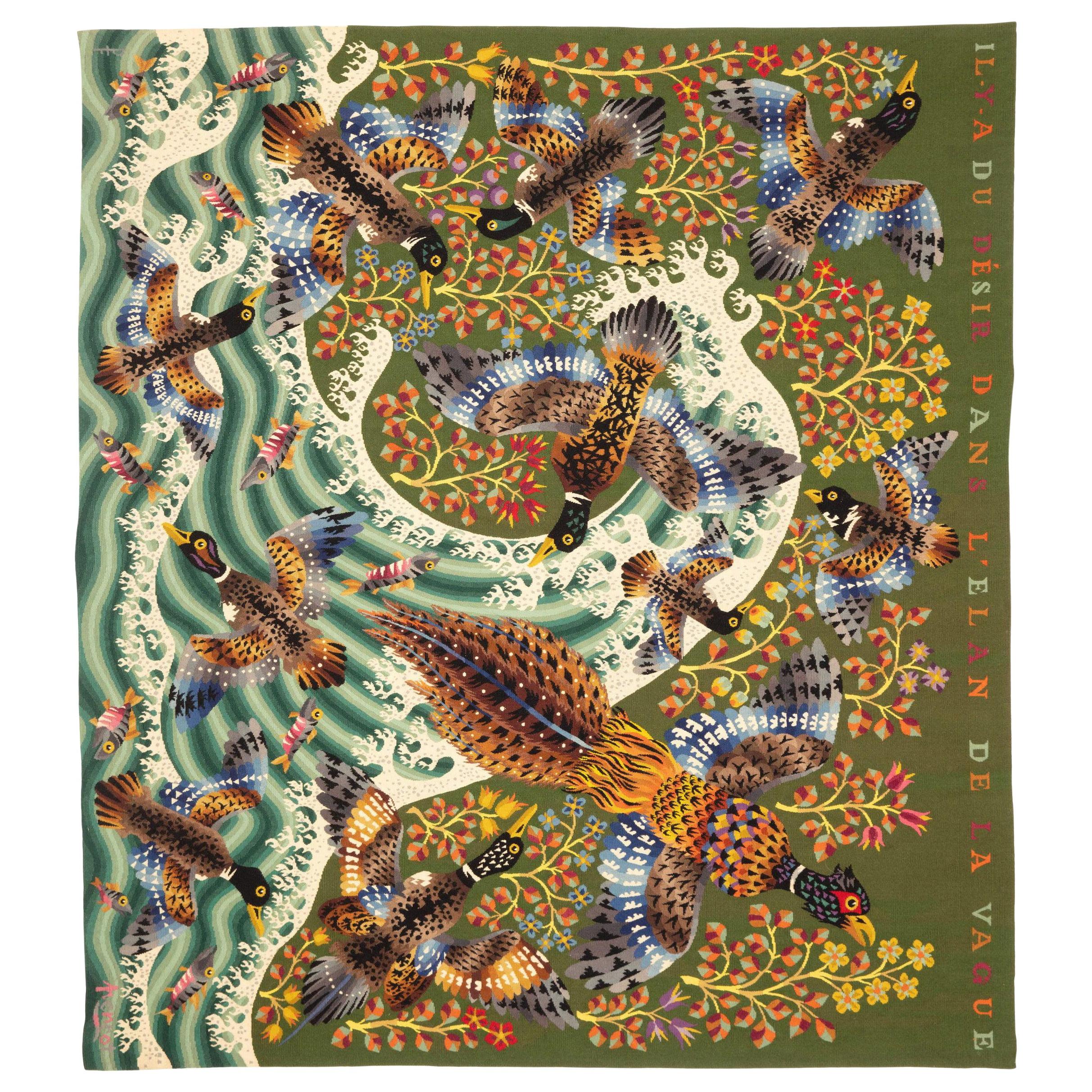 Incroyable tapisserie du 20ème siècle « La vague » de l'artiste français Ren Perrot en laine