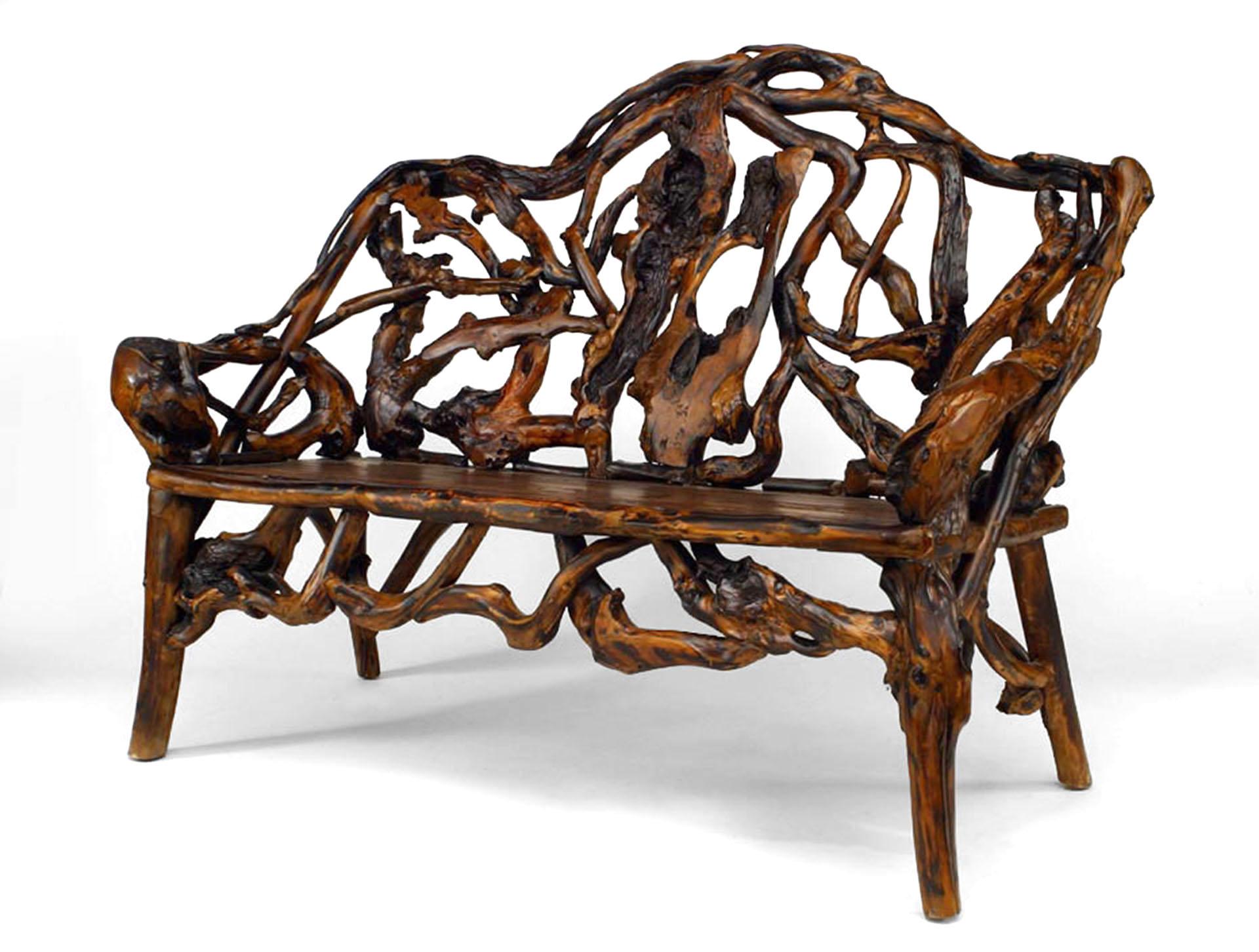 2 Similar Rustic Adirondack style (20th Cent) root loveseats with shaped filigree design back and arms with plank seat (PRICED EACH).
 