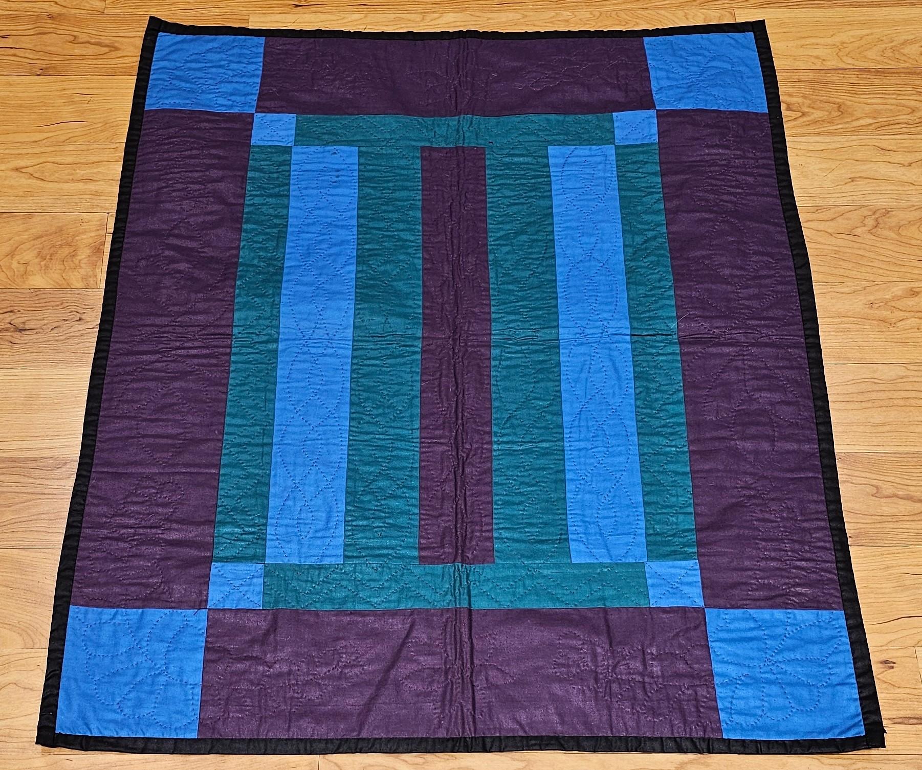 20th Century American Amish Bars Crib Quilt in Purple, Blue, Green. Brown  For Sale 9