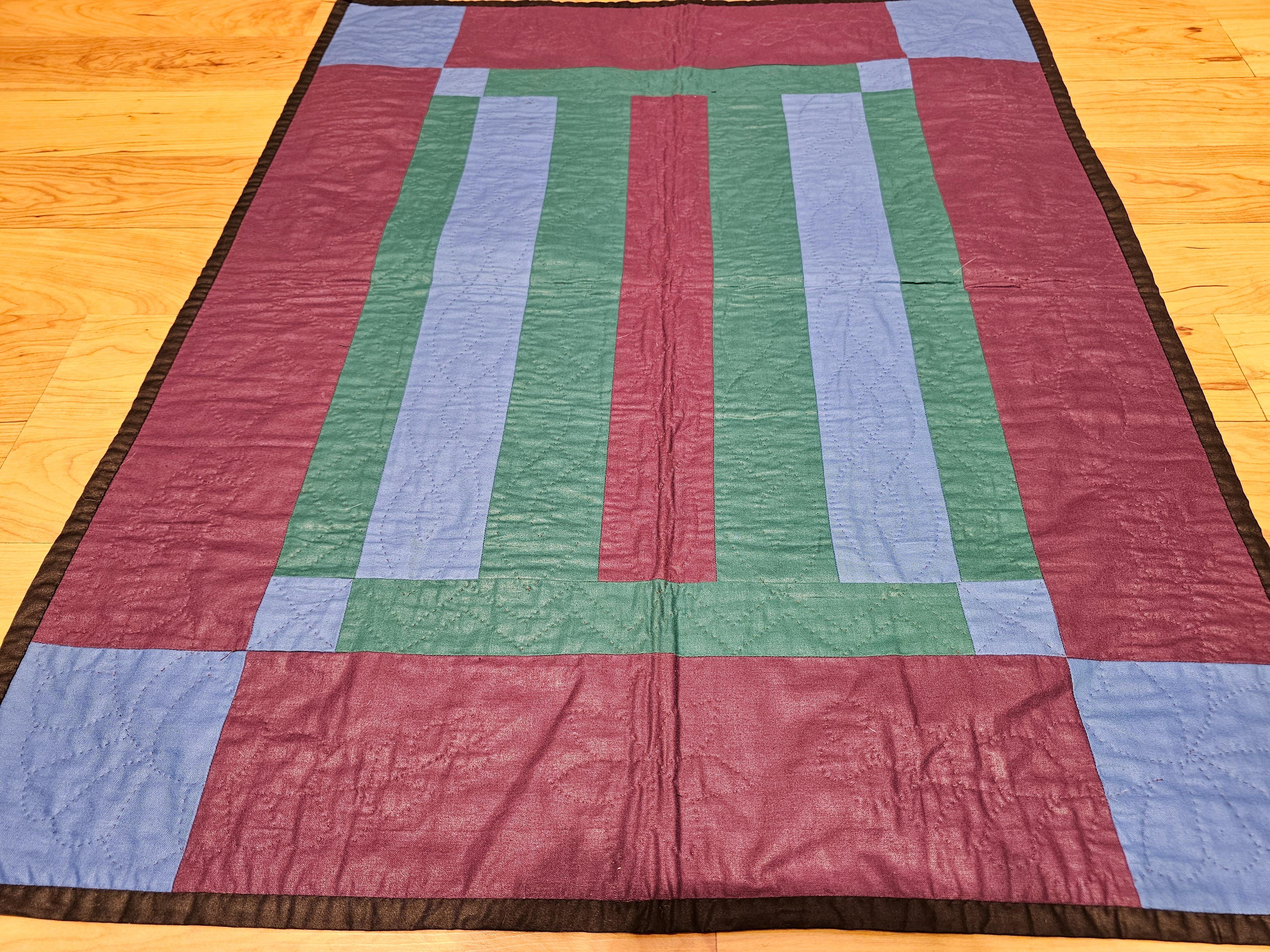 Hand-Crafted 20th Century American Amish Bars Crib Quilt in Purple, Blue, Green. Brown  For Sale