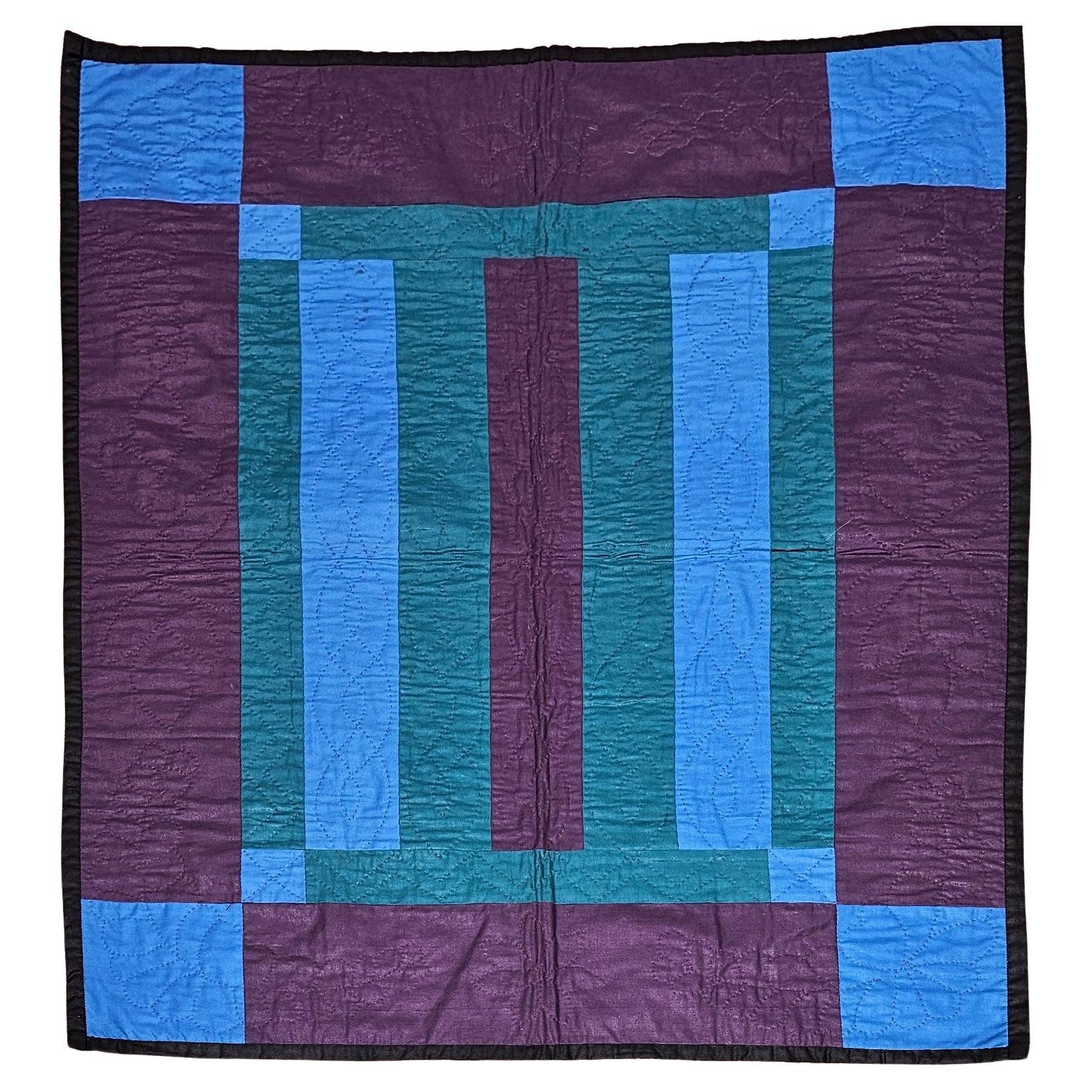 20th Century American Amish Bars Crib Quilt in Purple, Blue, Green. Brown 