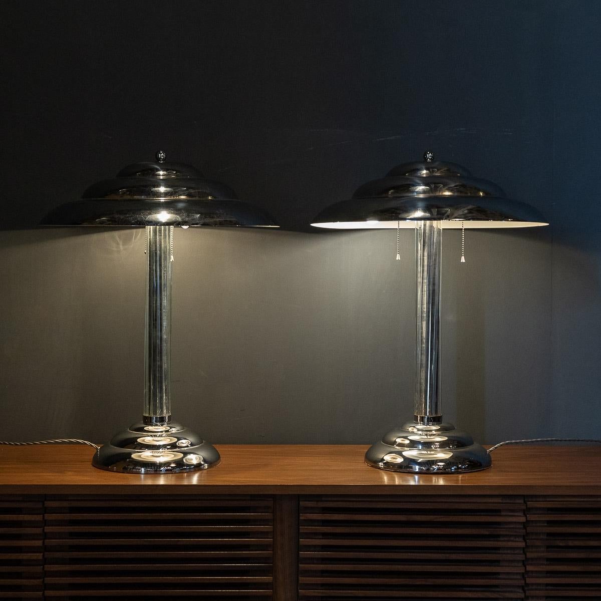 Glass 20th Century American Art Deco Pair of Chrome Table Lamps, c.1930