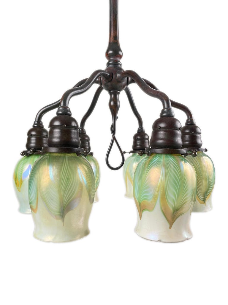 Cast 20th Century American Art Nouveau Six Light Chandelier by, Tiffany Studios For Sale
