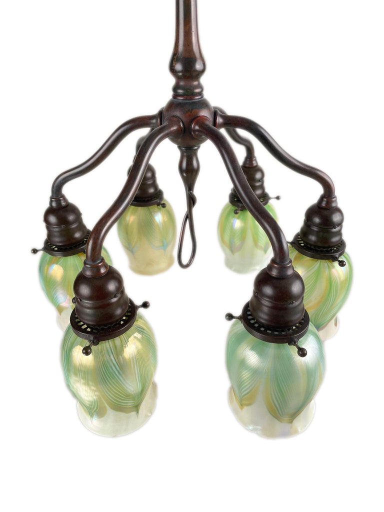 Bronze 20th Century American Art Nouveau Six Light Chandelier by, Tiffany Studios For Sale