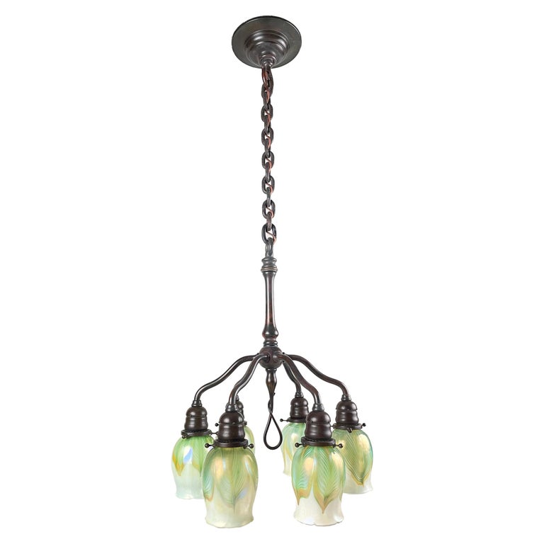 20th Century American Art Nouveau Six Light Chandelier by, Tiffany Studios For Sale