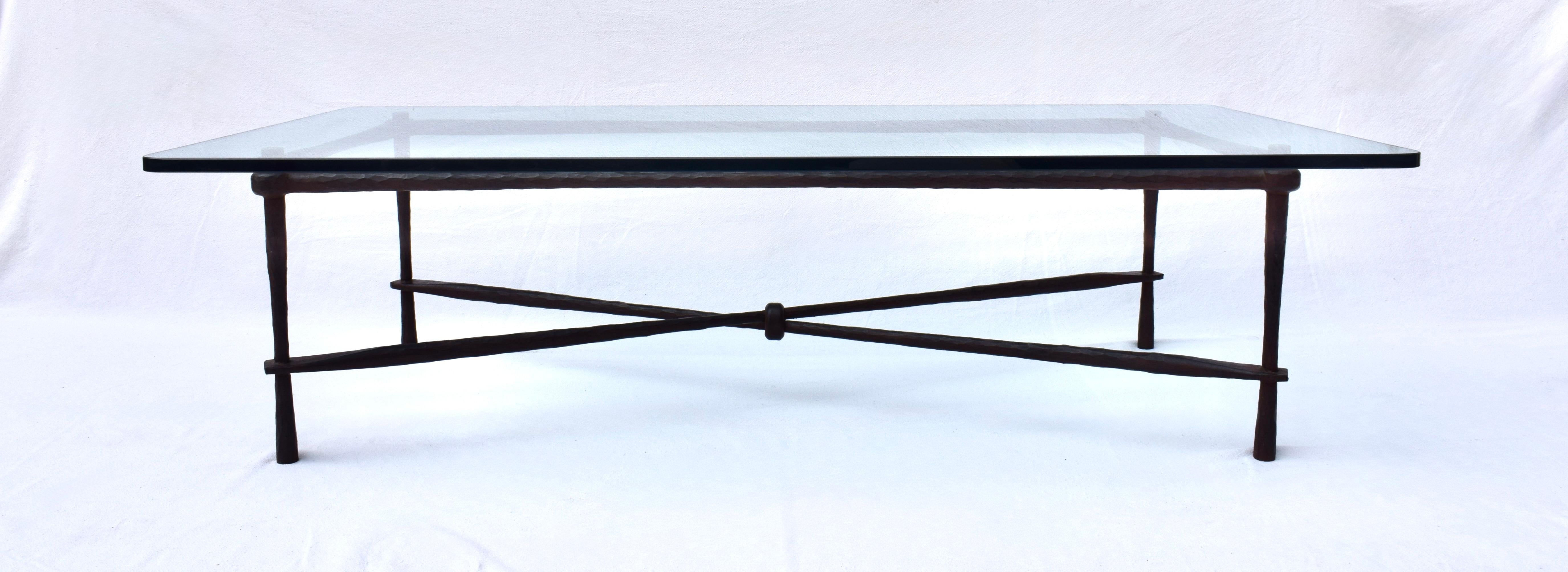 Bespoke Late 20th C Bronze Giacometti inspired coffee table designed by American designer Carol Gratale boasting generous dimensions with oil rubbed bronze base in naturally patinated finish.  An individual commission; custom crafted. Base