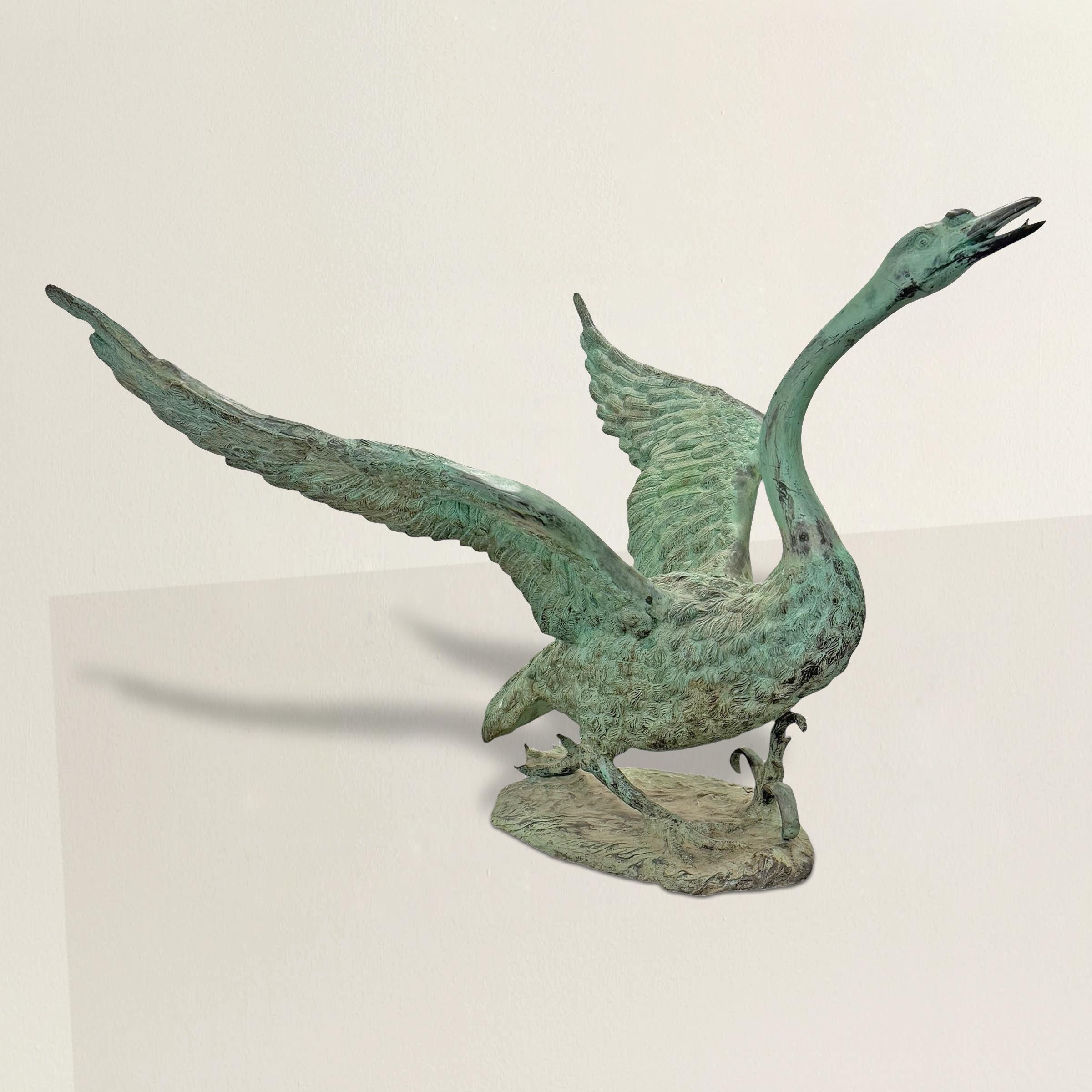 Cette captivante sculpture de jardin en bronze coulé du XXe siècle capture le dynamisme élégant d'un cygne prêt à s'envoler. Avec ses ailes déployées dans un moment d'ascension puissante et sa tête gracieusement inclinée vers le ciel, la sculpture