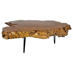 20th Century Light-Brown American Burlwood Coffee Table, Metal Side, Sofa Table