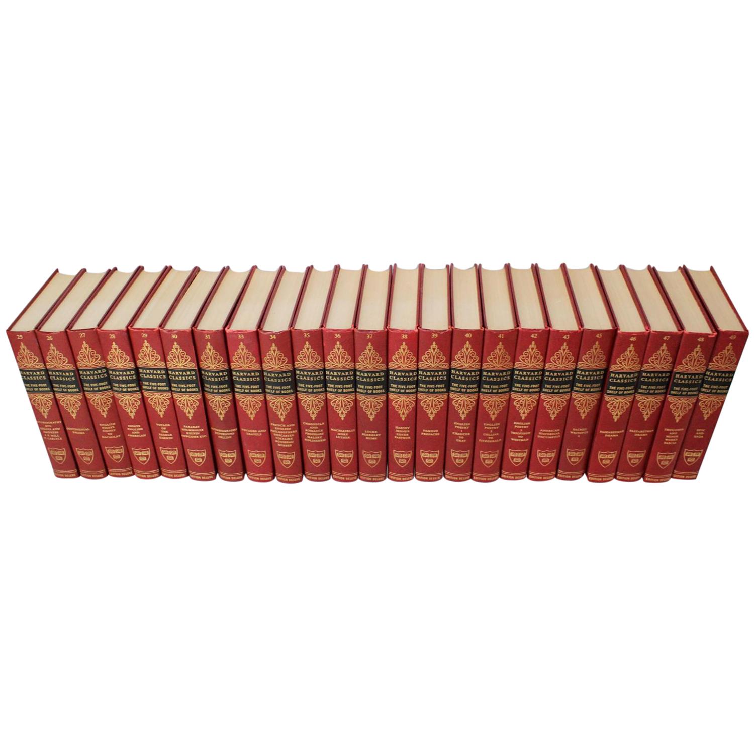 A vintage Mid-Century Modern American collection of twenty five volumes Deluxe Edition Harvard Classics books, covered in red, green leather in good condition. Wear consistent with age and use. Copyright 1937 by P.F. Collier & Son Corporation,