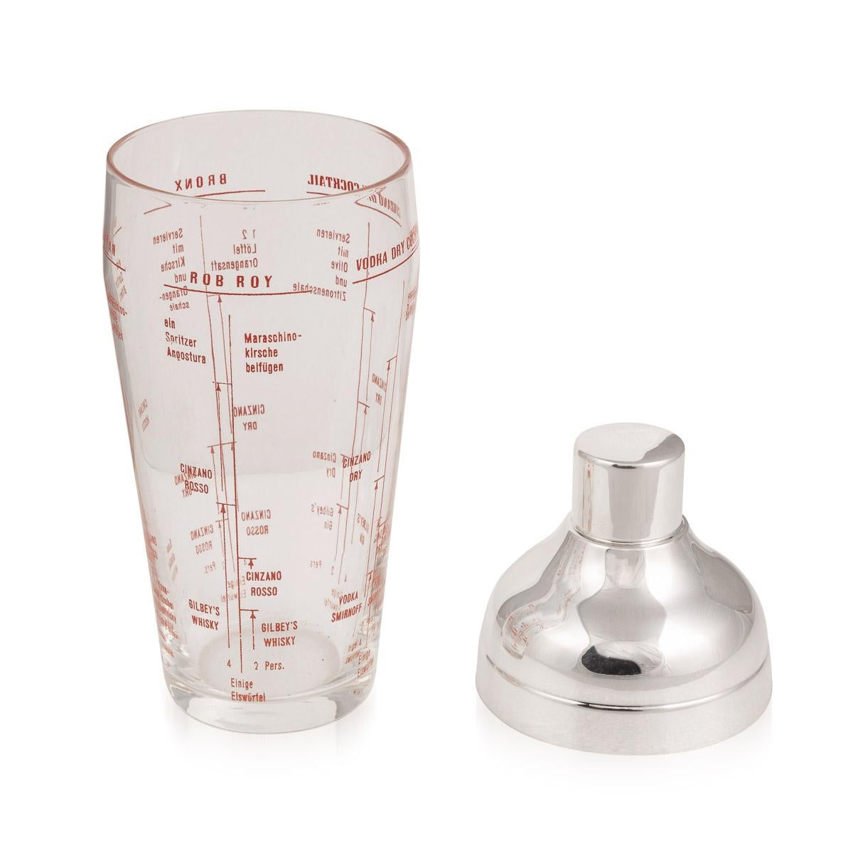 20th Century American Glass and Silver Plated Recipe Cocktail Shaker, circa 1950 In Good Condition For Sale In Royal Tunbridge Wells, Kent