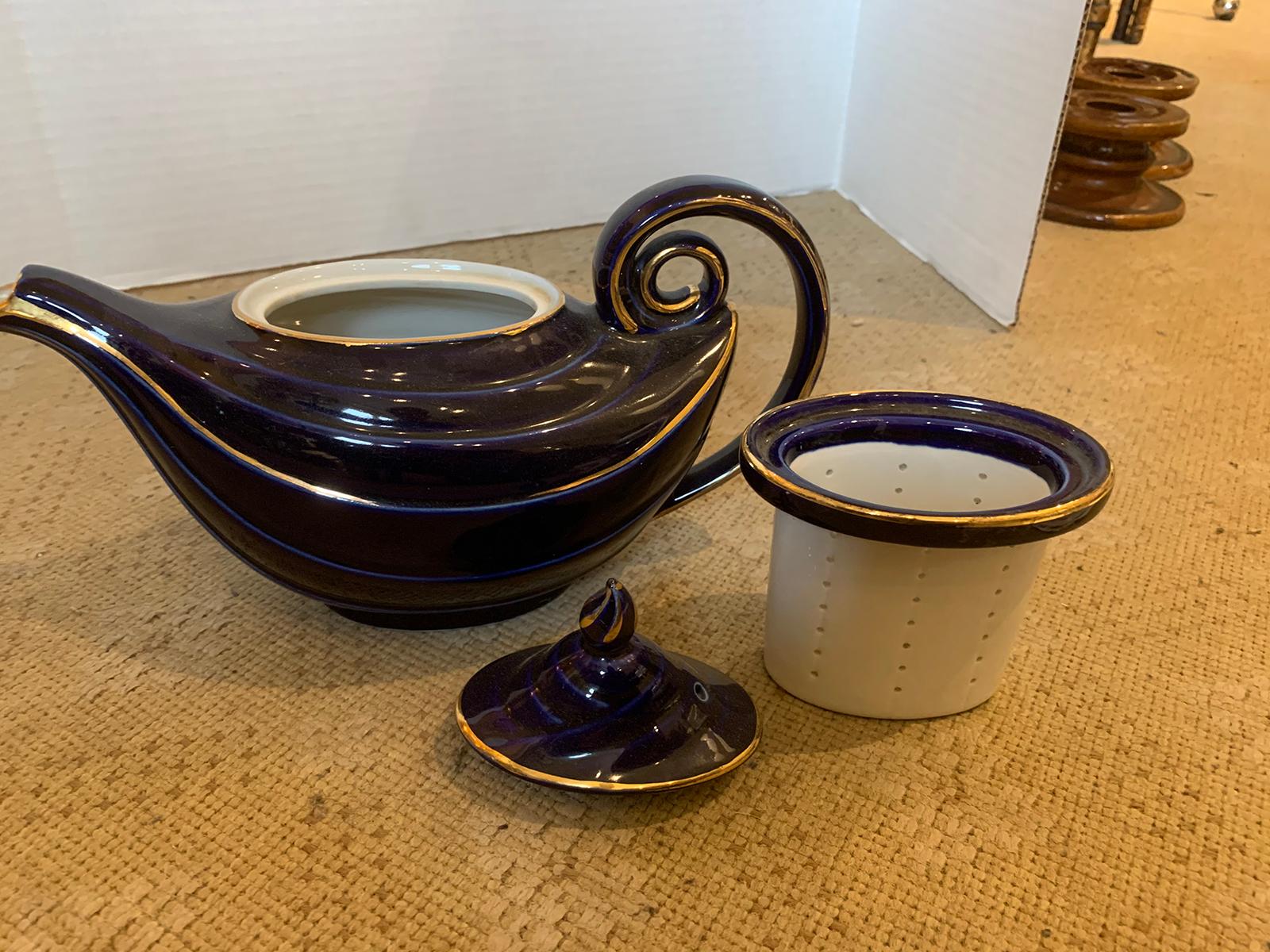 20th Century American Hall China Cobalt and Gilt Teapot, Marked 