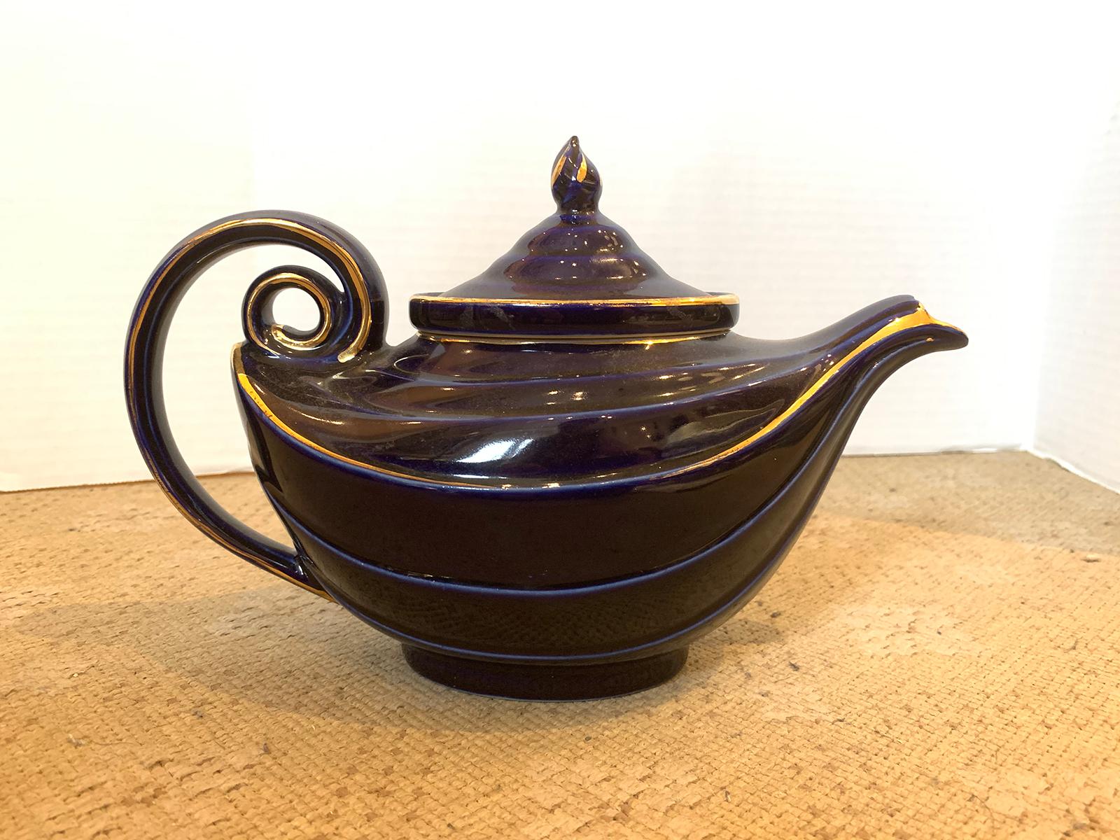 20th century American hall china cobalt and gilt lidded teapot, marked 