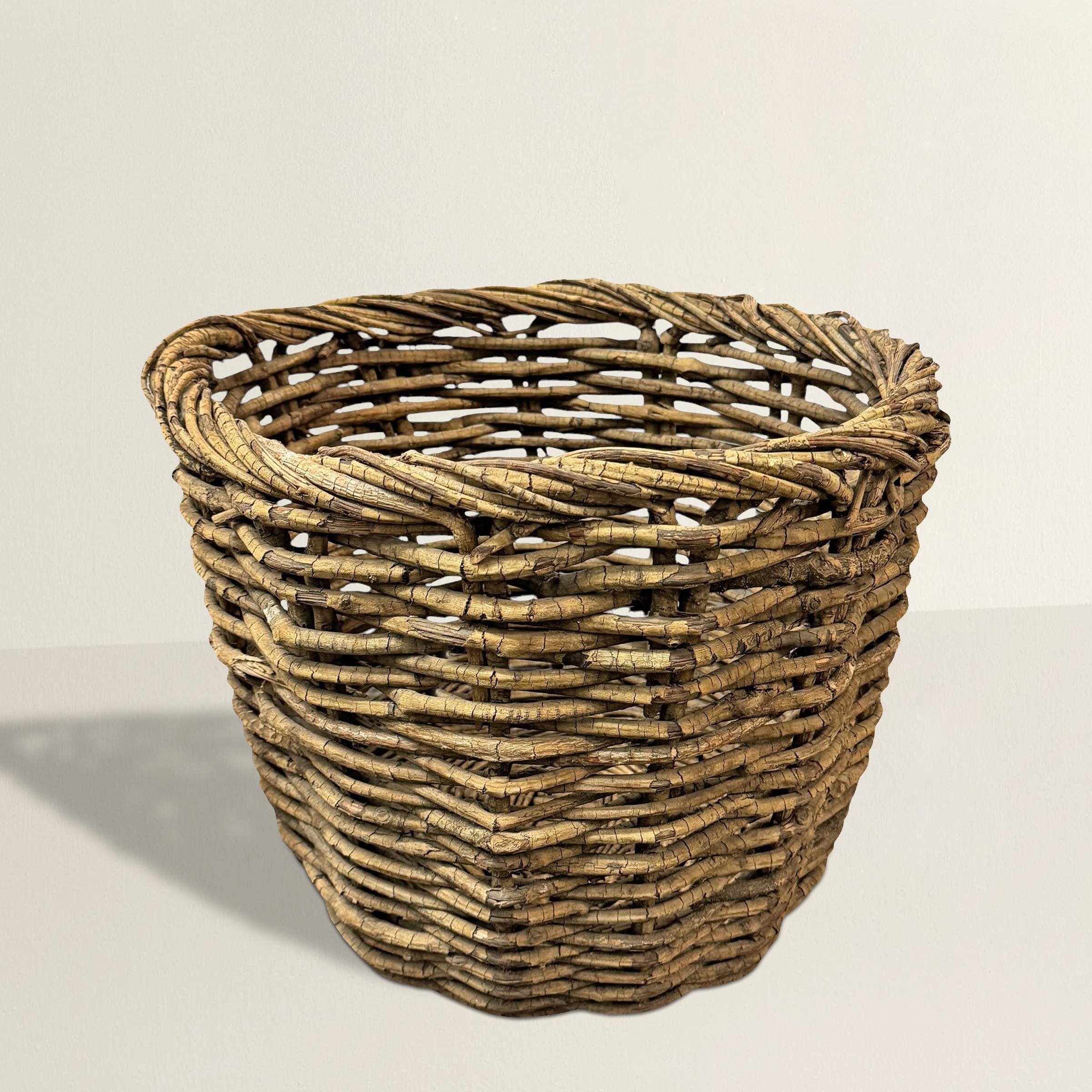 Elaborada con un toque artesanal y un profundo aprecio por los materiales naturales, esta cesta americana del siglo XX tejida a mano es un testimonio tanto de artesanía como de ingenio. Construida con cientos de ramas jóvenes de abedul
