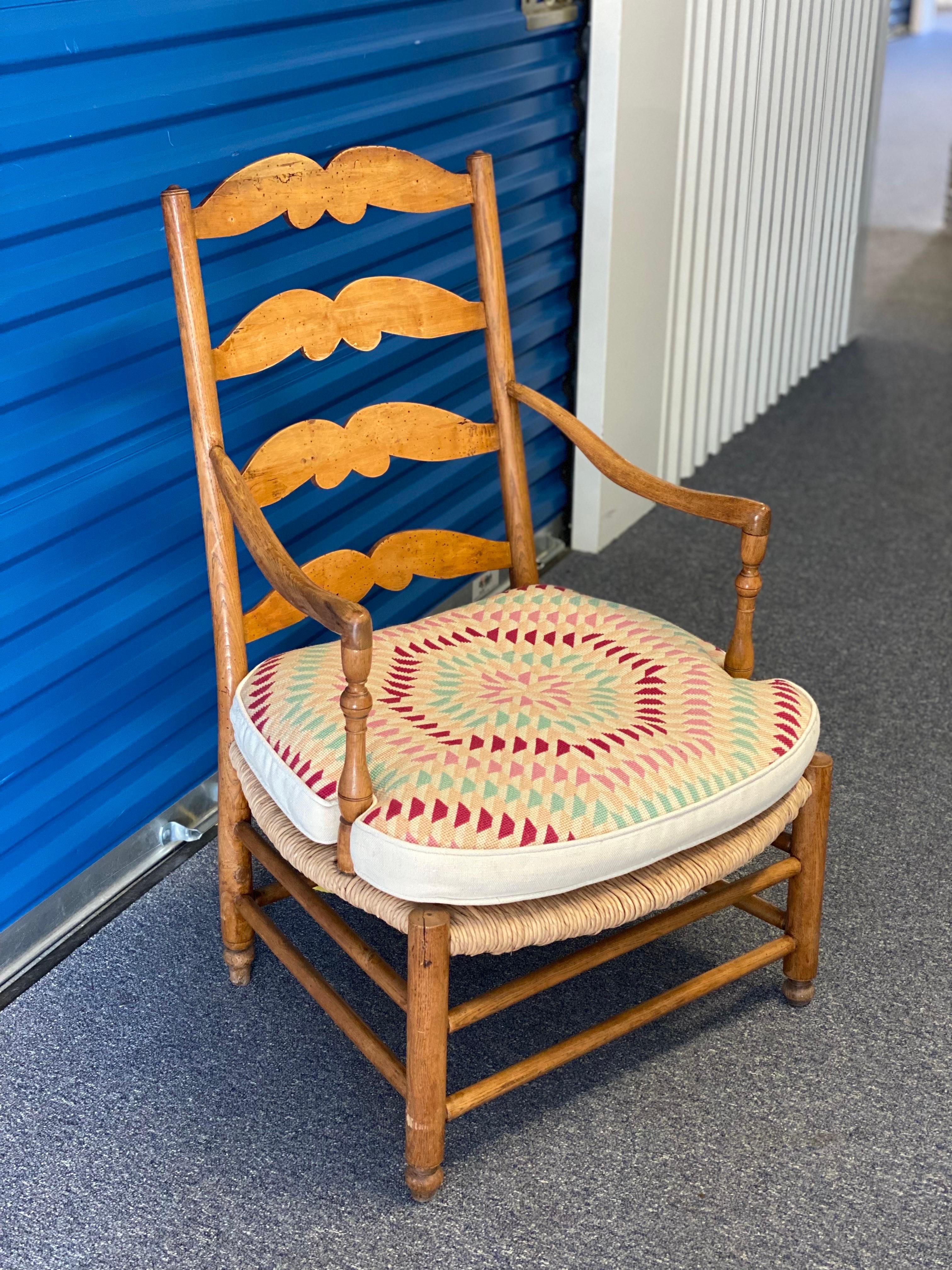 American Craftsman 20th Century American Ladder Back Armchair with Needlepoint Cushion For Sale