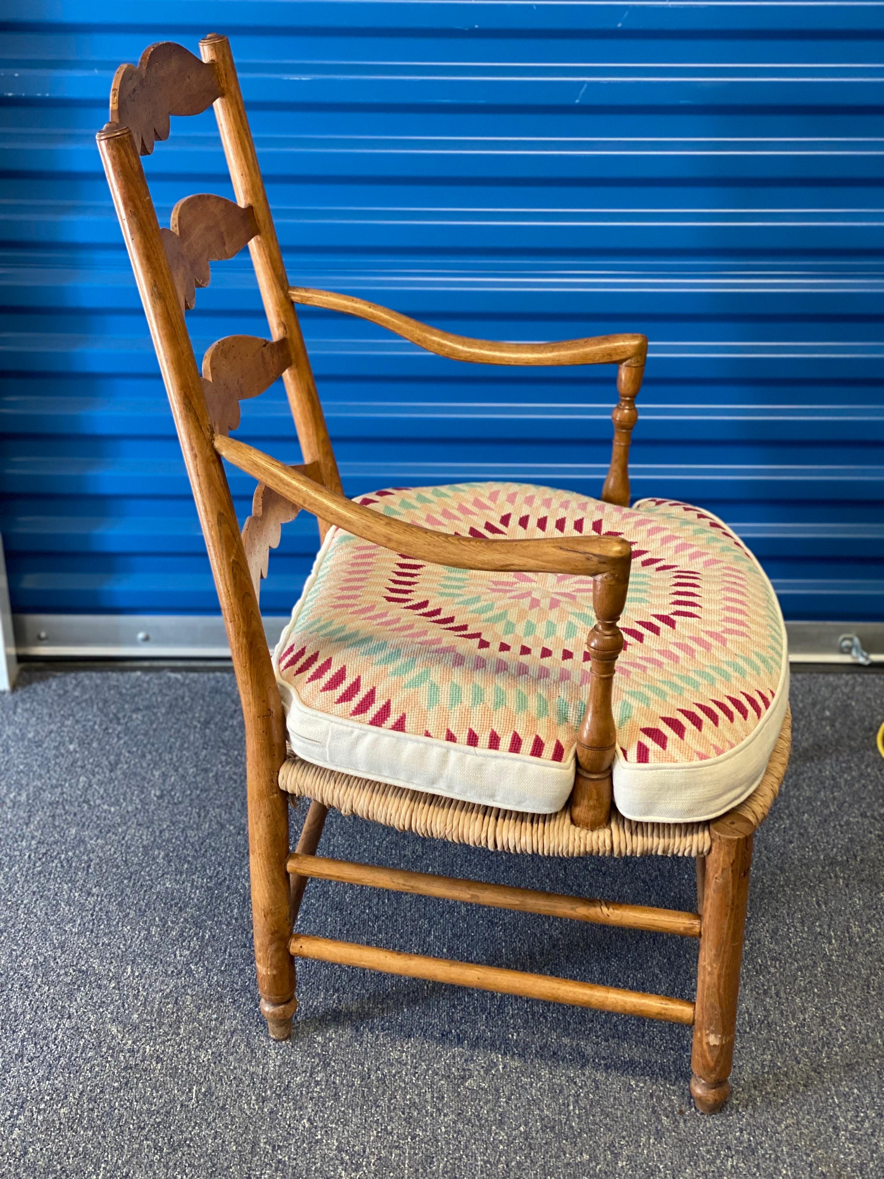 20th Century American Ladder Back Armchair with Needlepoint Cushion In Good Condition For Sale In Southampton, NY