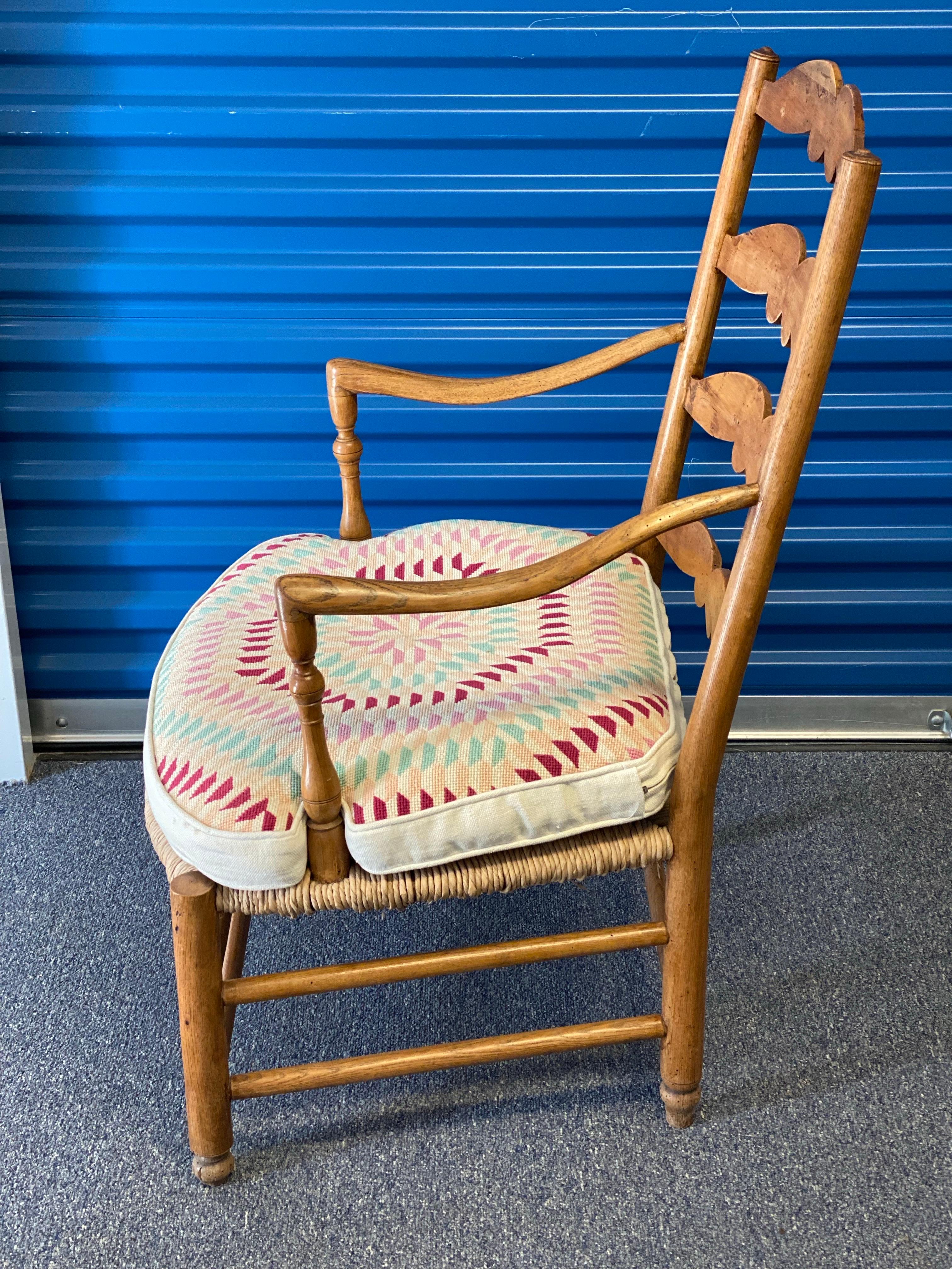 Wood 20th Century American Ladder Back Armchair with Needlepoint Cushion For Sale