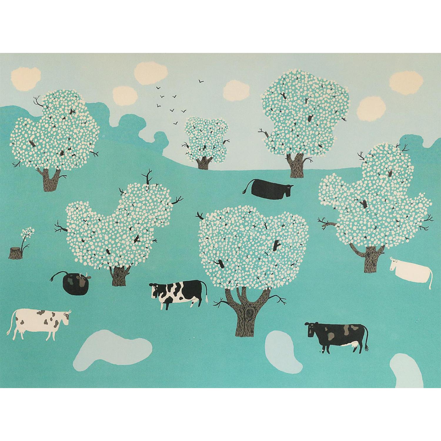 A black wooden frame, vintage American turquoise-blue landscape lithography by Doris Lee, on paper in good condition. The picture, print represents the Folk Art period, depicting a herd of cows among flourishing trees in a field. The Blossom Time