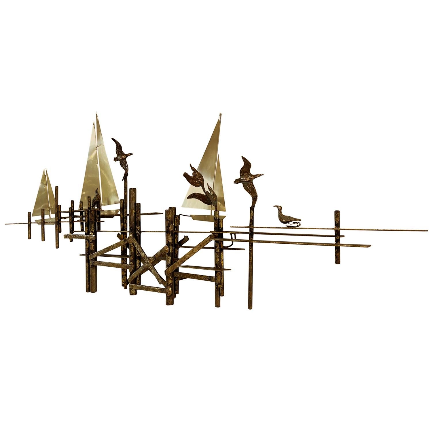 Mid-Century Modern 20th Century American Metal Birds and Sailboats Wall Sculpture by Curtis Jere For Sale