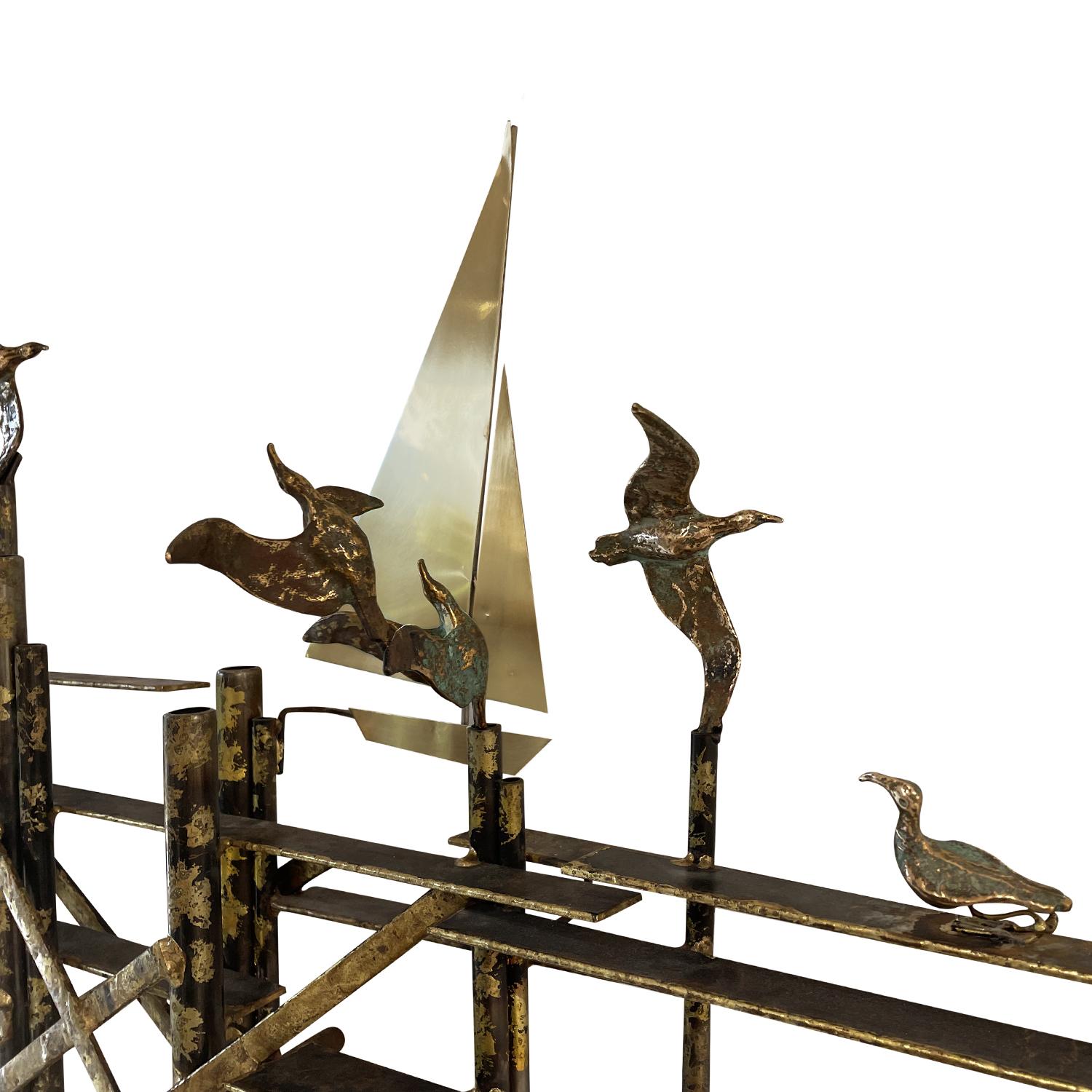 Gilt 20th Century American Metal Birds and Sailboats Wall Sculpture by Curtis Jere For Sale