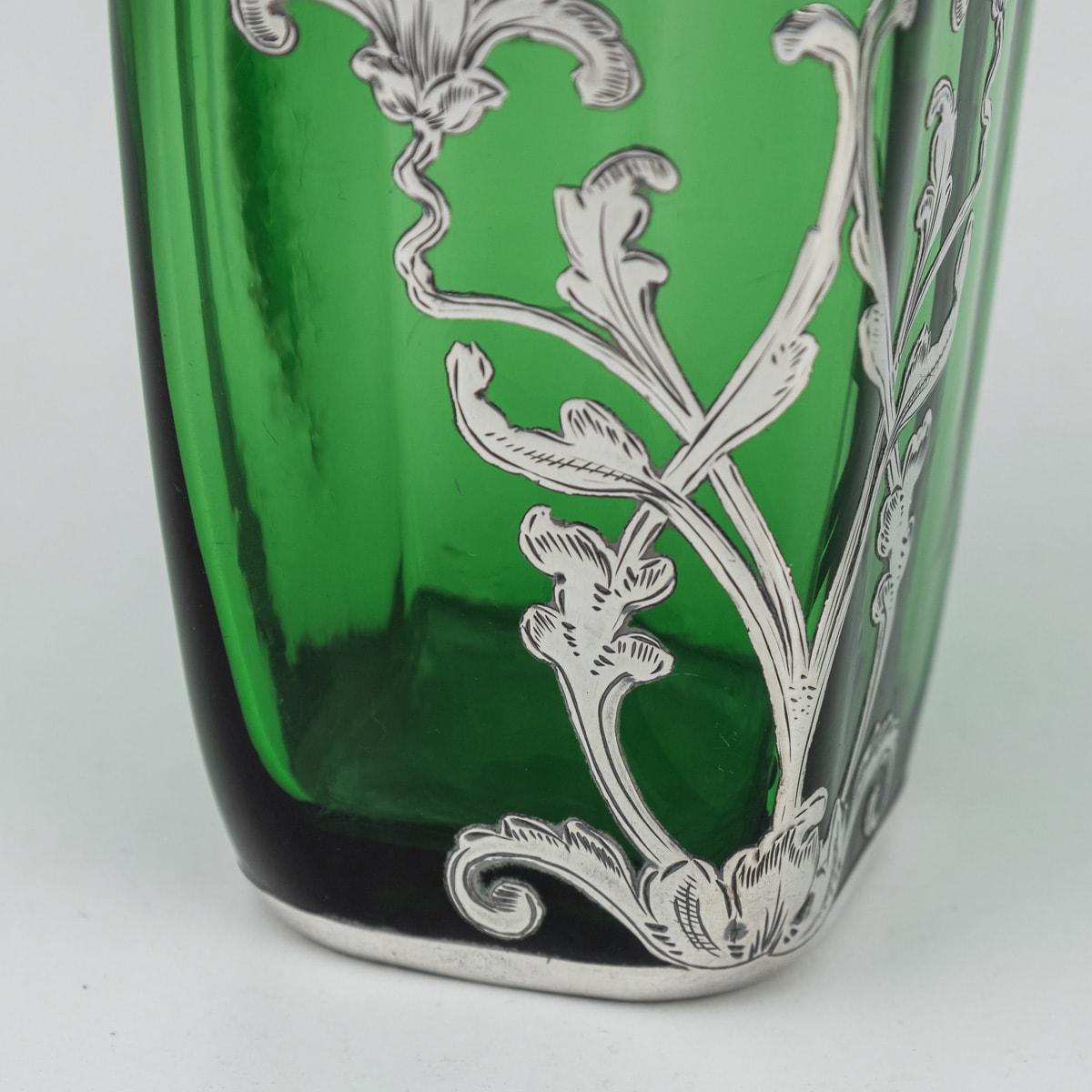 20th Century American Pair Of Green Glass Vases With Silver Overlay c.1920 For Sale 5