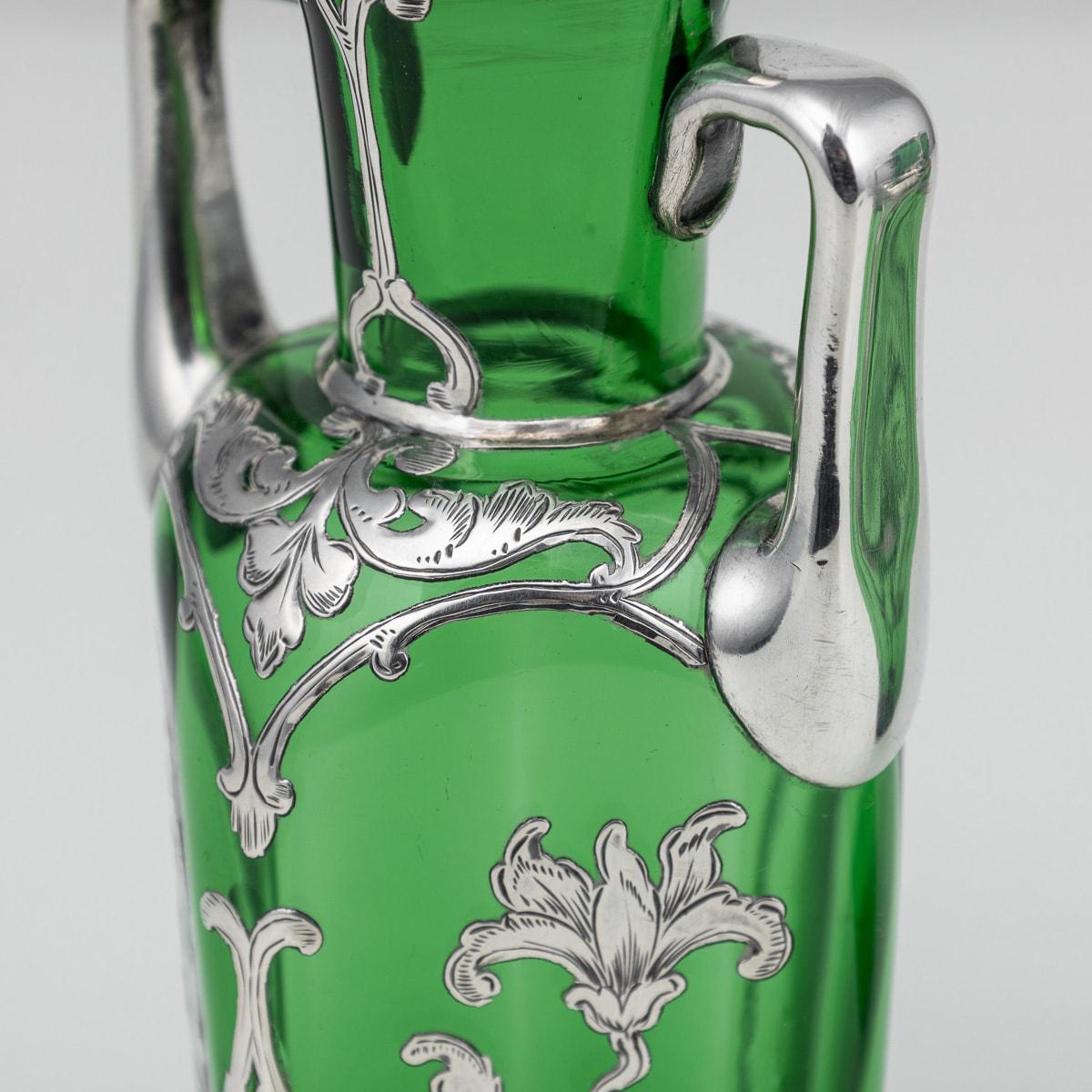 20th Century American Pair Of Green Glass Vases With Silver Overlay c.1920 For Sale 6