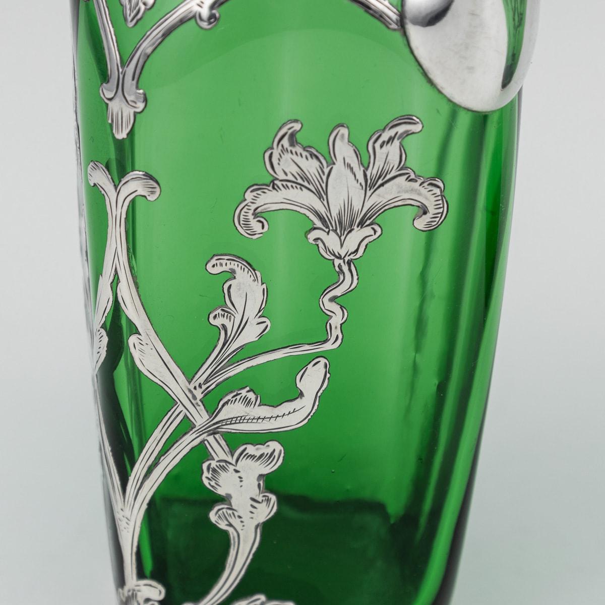 20th Century American Pair Of Green Glass Vases With Silver Overlay c.1920 For Sale 7