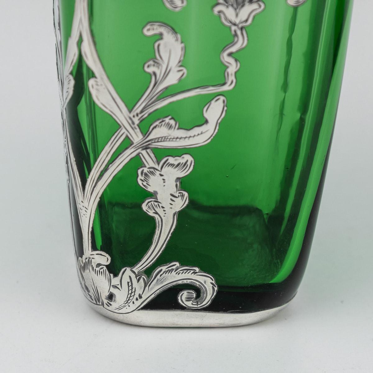 20th Century American Pair Of Green Glass Vases With Silver Overlay c.1920 For Sale 8