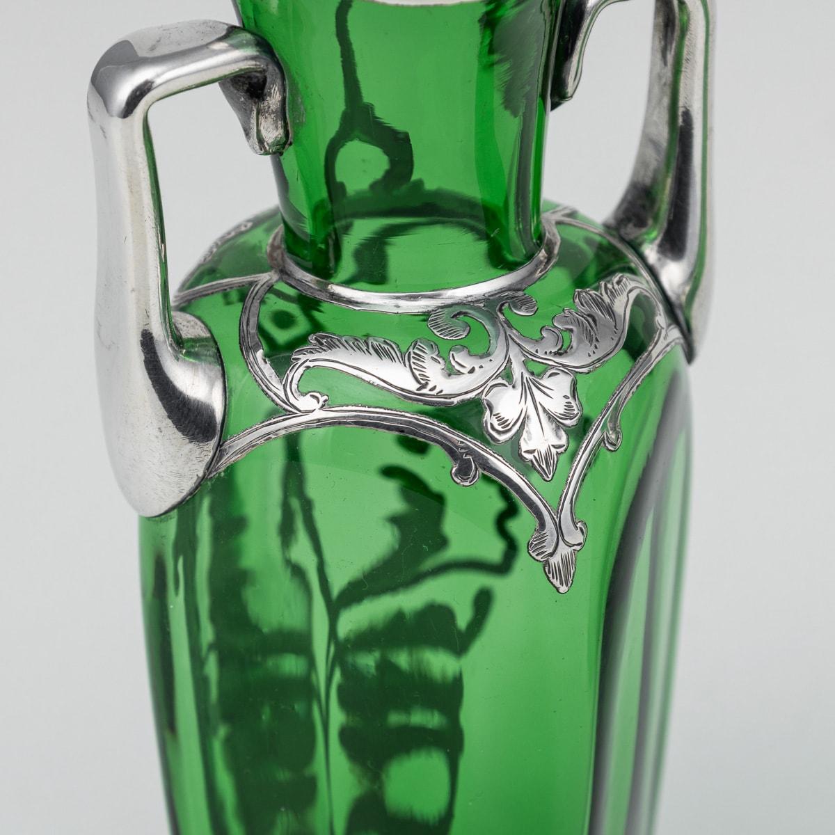 20th Century American Pair Of Green Glass Vases With Silver Overlay c.1920 For Sale 9