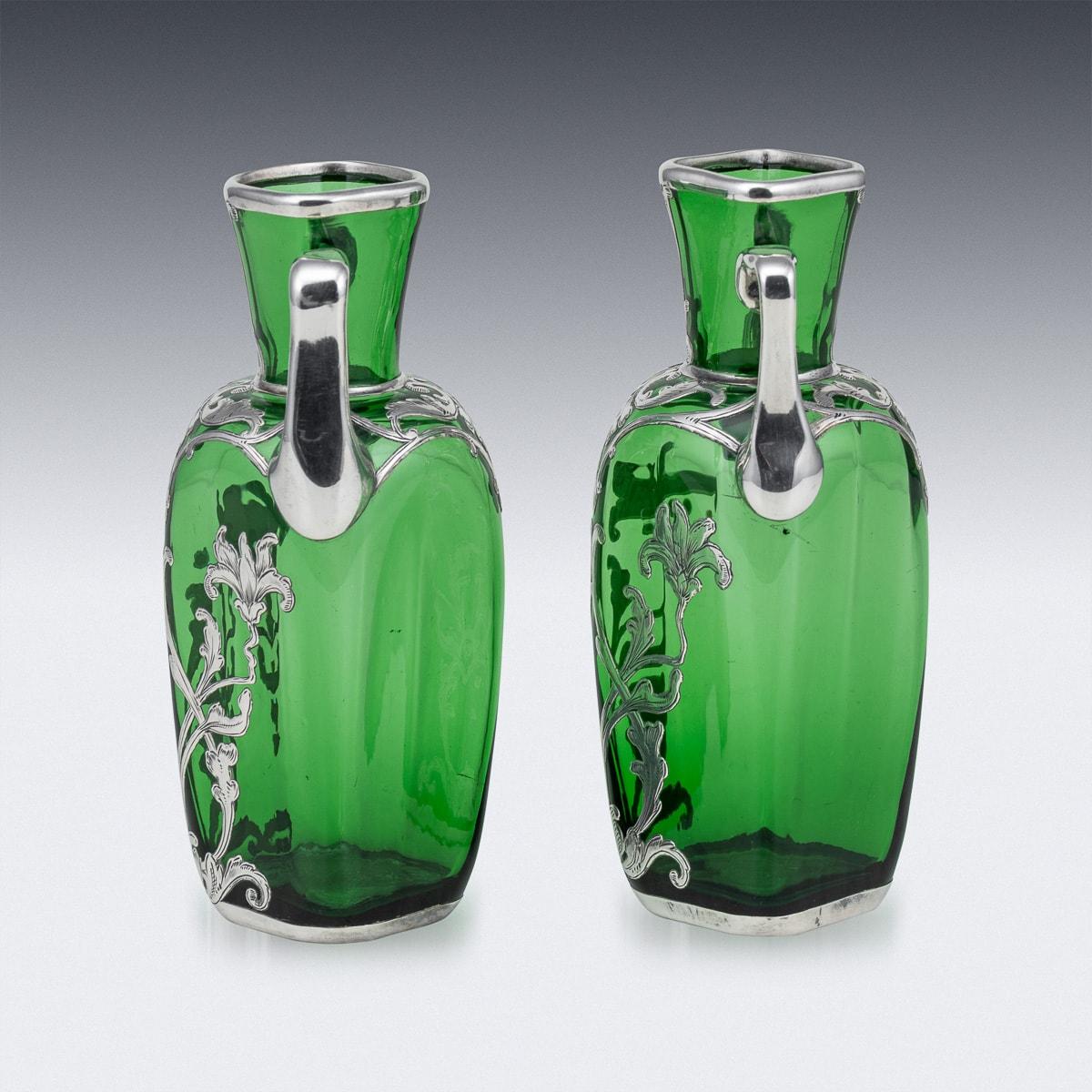 Other 20th Century American Pair Of Green Glass Vases With Silver Overlay c.1920 For Sale