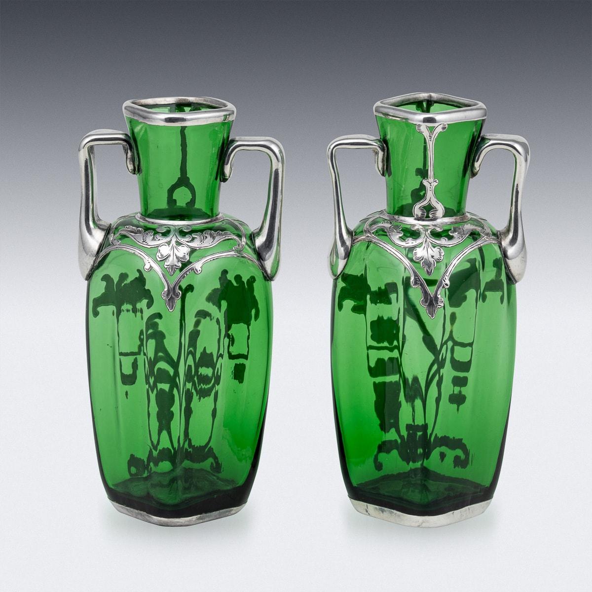 20th Century American Pair Of Green Glass Vases With Silver Overlay c.1920 In Good Condition For Sale In Royal Tunbridge Wells, Kent