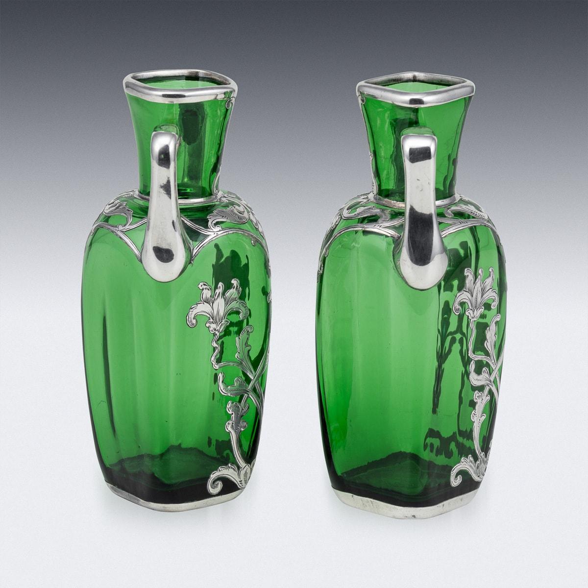 Early 20th Century 20th Century American Pair Of Green Glass Vases With Silver Overlay c.1920 For Sale