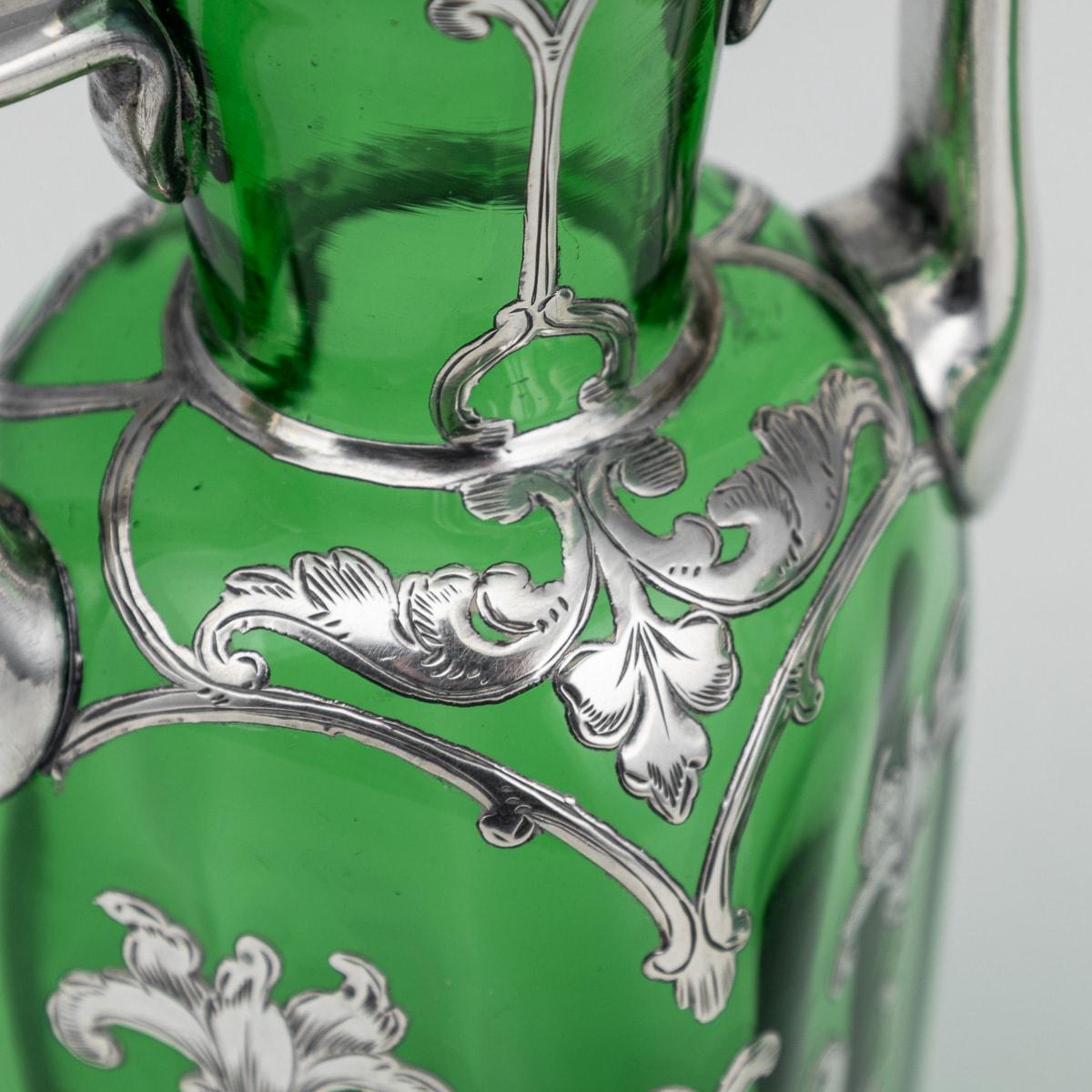20th Century American Pair Of Green Glass Vases With Silver Overlay c.1920 For Sale 1