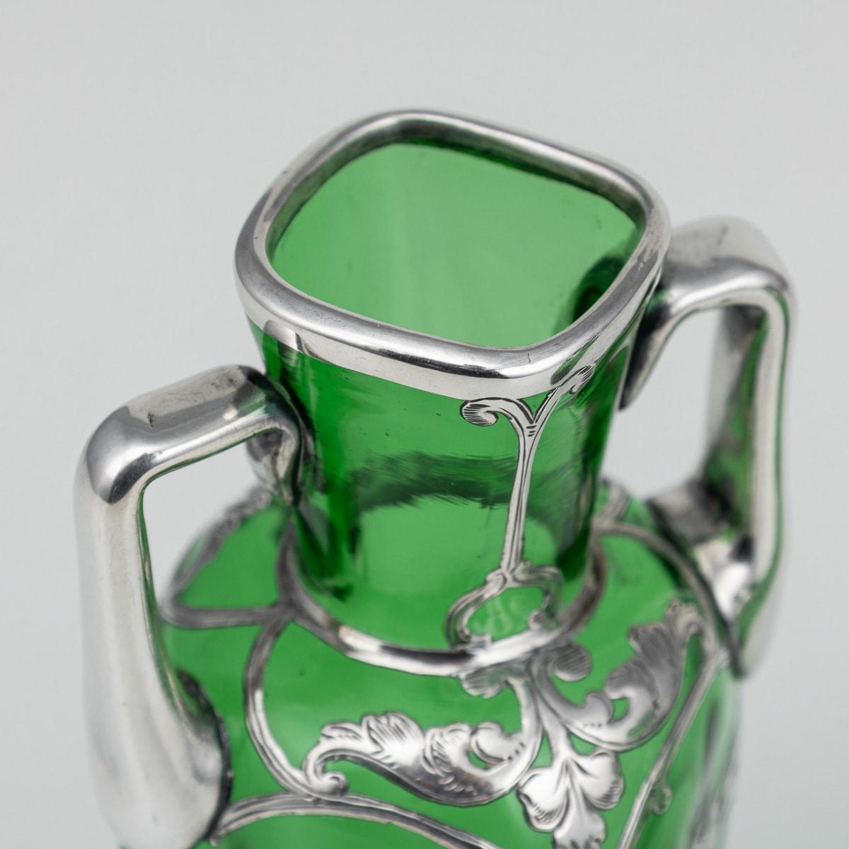 20th Century American Pair Of Green Glass Vases With Silver Overlay c.1920 For Sale 2