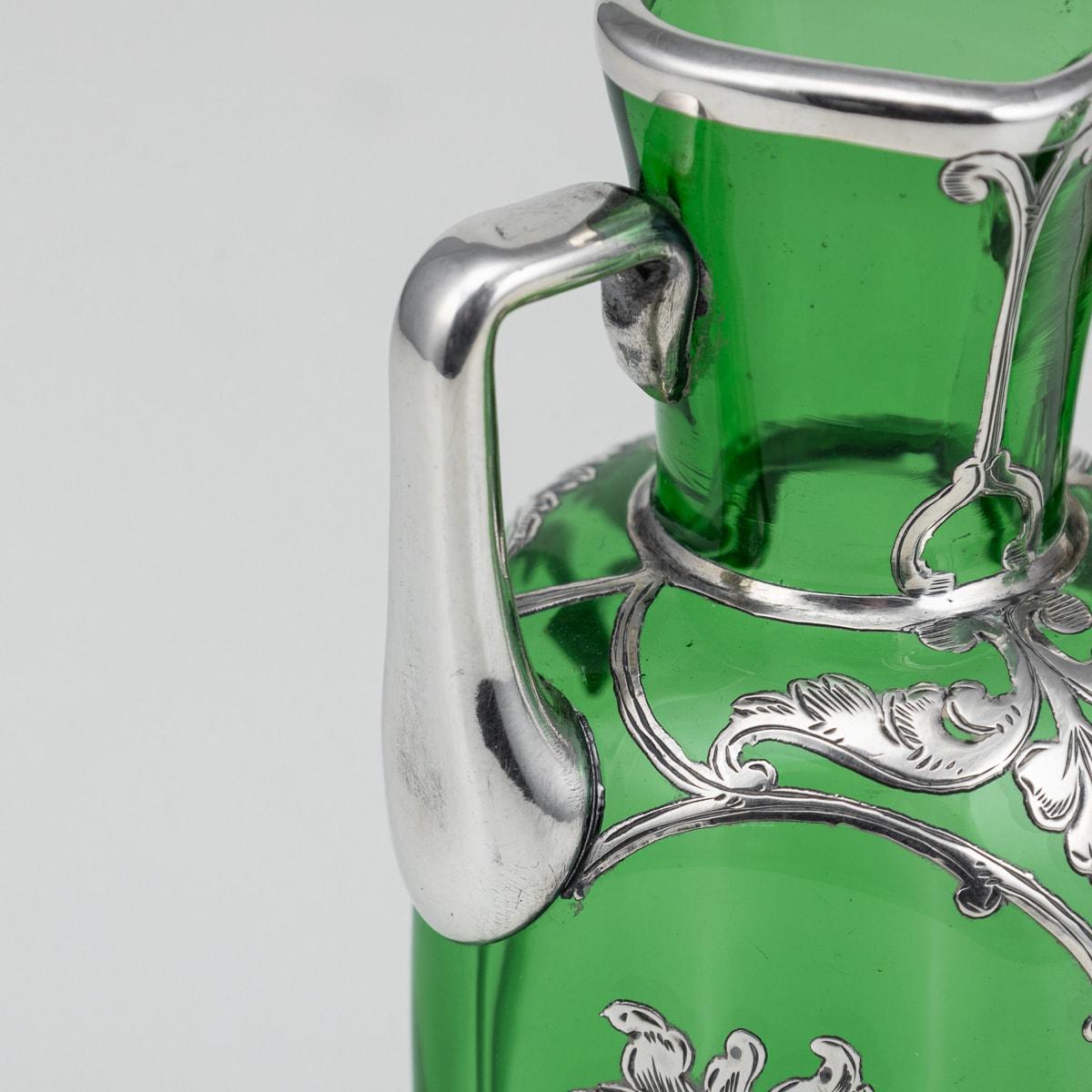 20th Century American Pair Of Green Glass Vases With Silver Overlay c.1920 For Sale 3