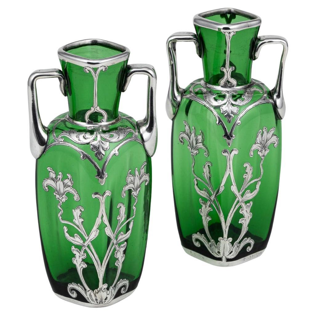 20th Century American Pair Of Green Glass Vases With Silver Overlay c.1920