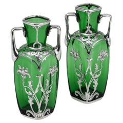 Antique 20th Century American Pair Of Green Glass Vases With Silver Overlay c.1920