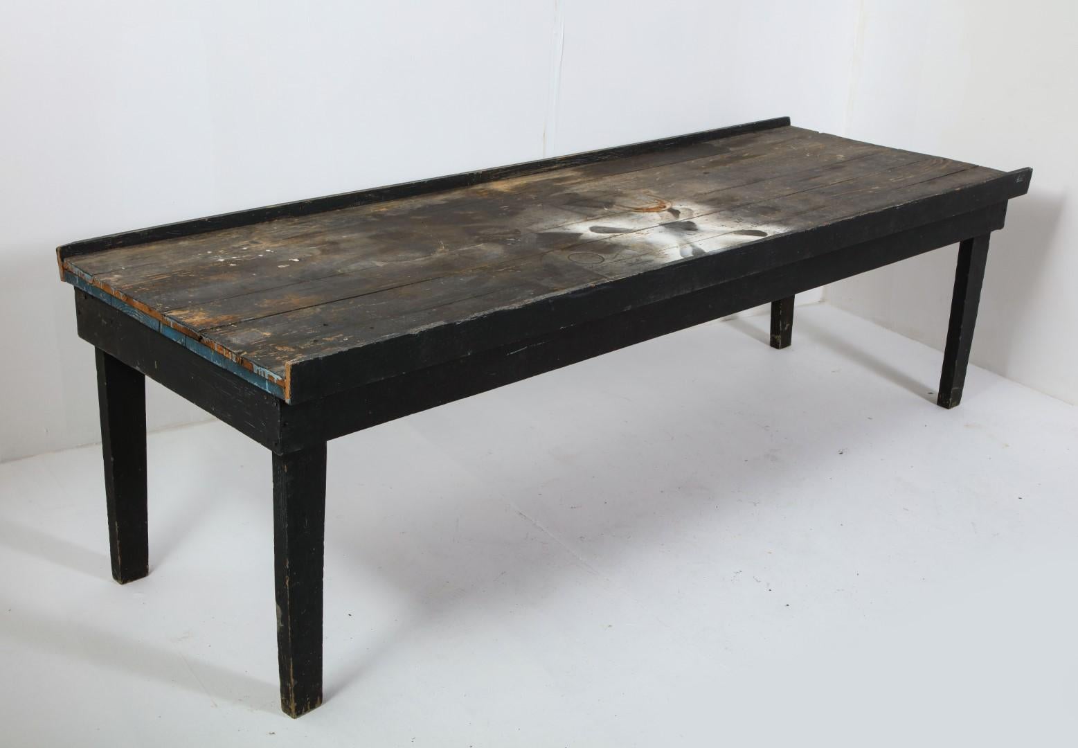 20th Century American Primitive Rustic Black Painted Oak Work Table For Sale 8